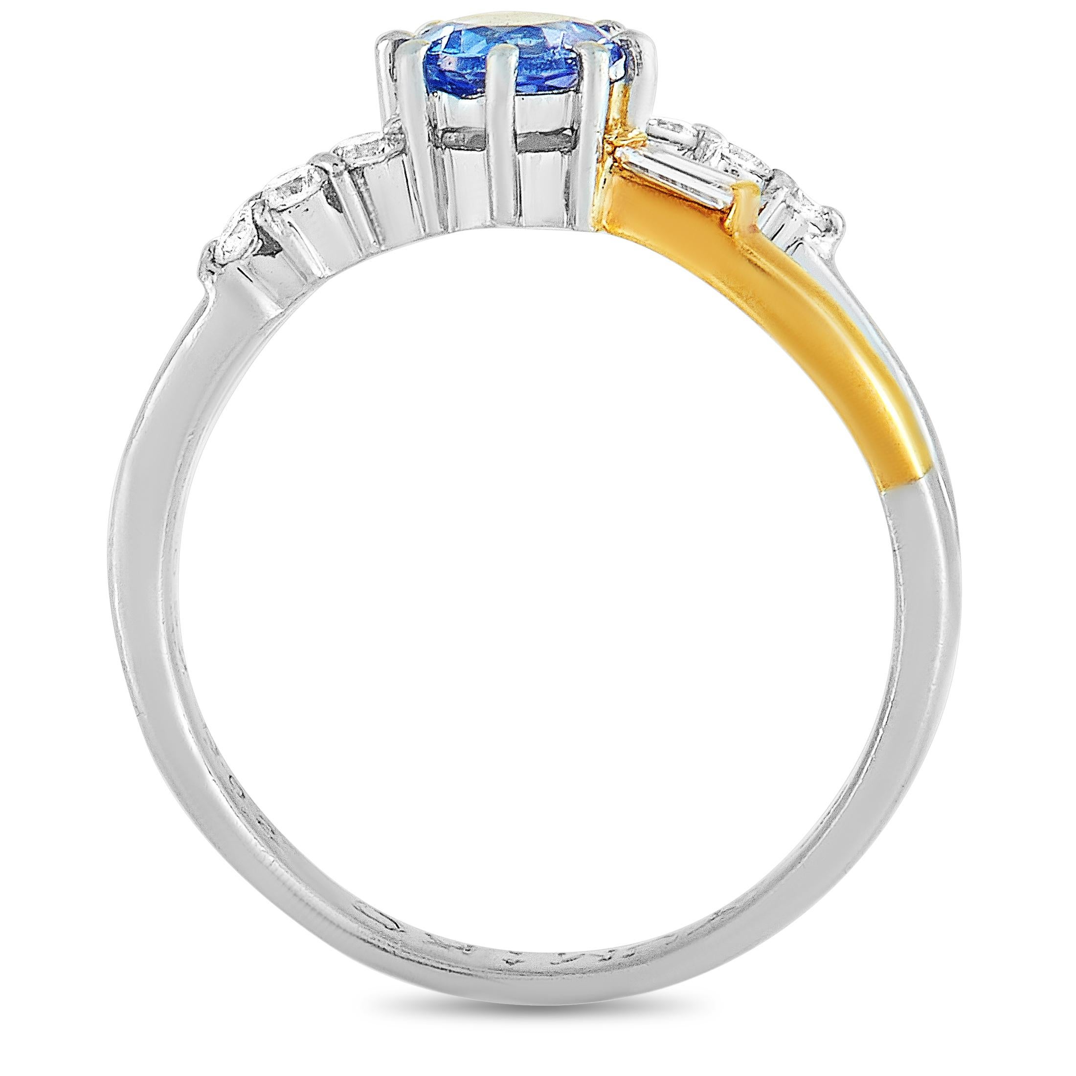 This LB Exclusive ring is made out of platinum and 18K yellow gold and weighs 4.9 grams, boasting band thickness of 2 mm and top height of 5 mm, while top dimensions measure 14 by 5 mm. The ring is set with a total of 0.21 carats of diamonds and a