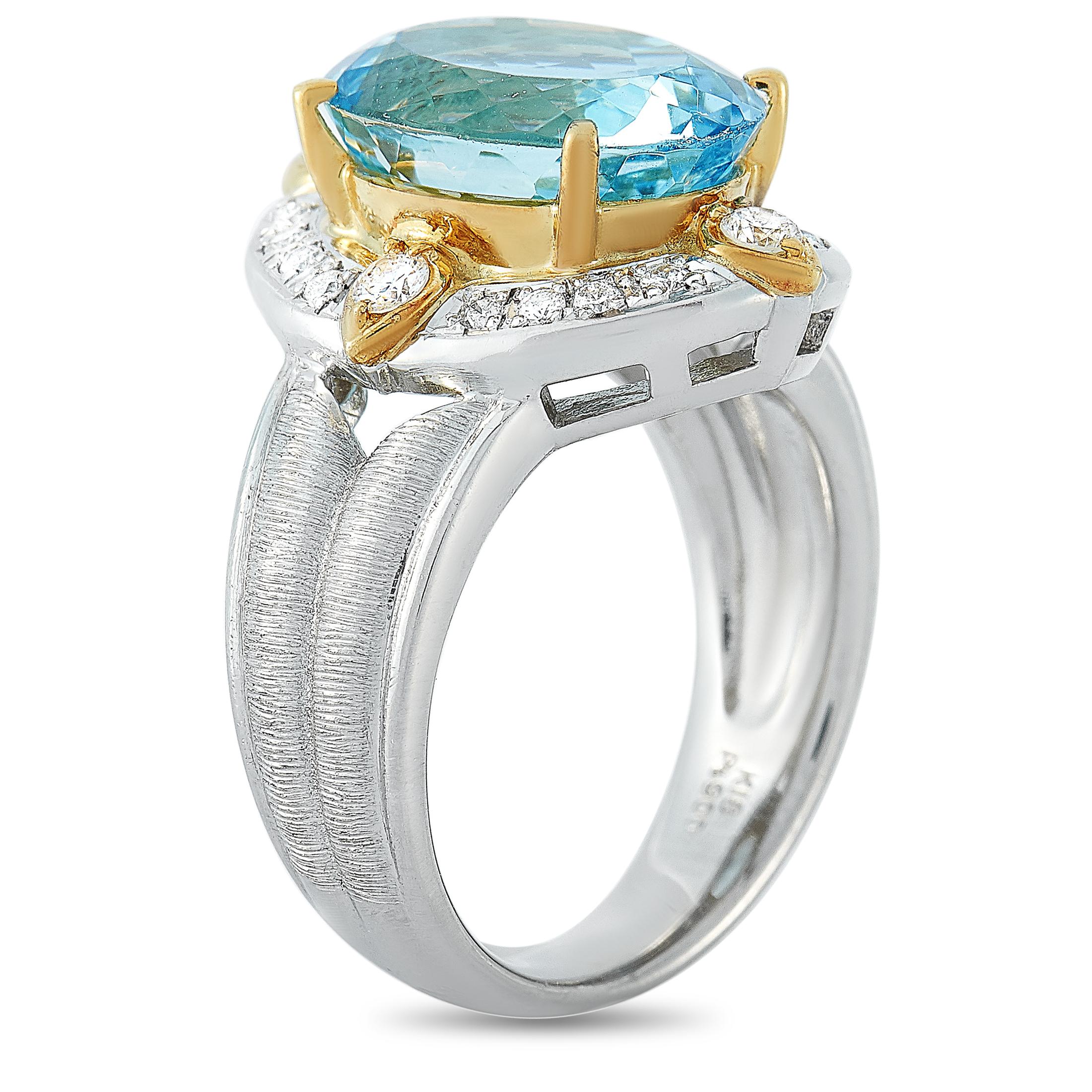 This LB Exclusive ring is made out of platinum and 18K yellow gold and weighs 16 grams. It boasts band thickness of 4 mm and top height of 8 mm, while top dimensions measure 14 by 19 mm. The ring is set with a 5.85 ct aquamarine and a total of 0.35