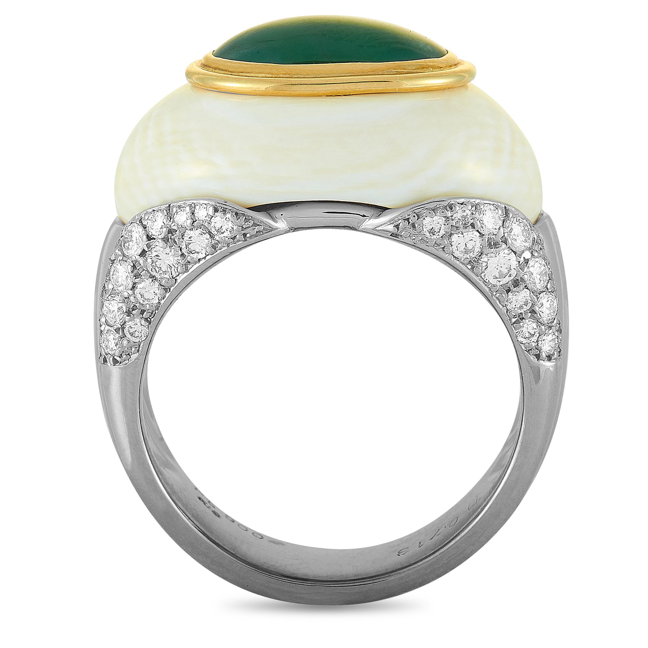 This LB Exclusive ring is made of platinum and set with white coral, a jade, and a total of 0.71 carats of diamonds. The ring weighs 17.5 grams, boasting band thickness of 6 mm and top height of 10 mm, while top dimensions measure 20 by 13 mm.
Ring