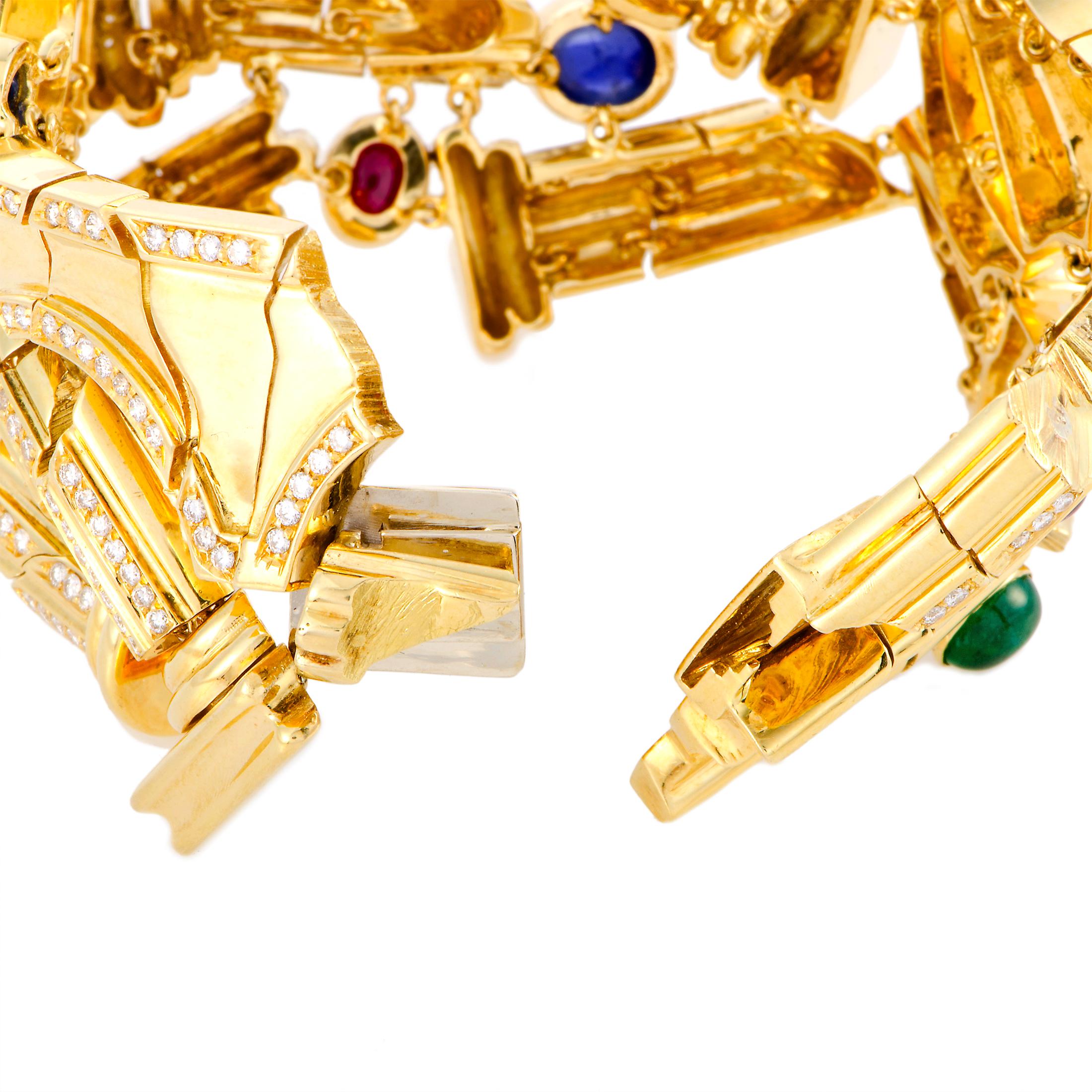 LB Exclusive Roman Ruins Diamond Emerald Sapphire and Ruby Yellow Gold Bracelet In Excellent Condition In Southampton, PA