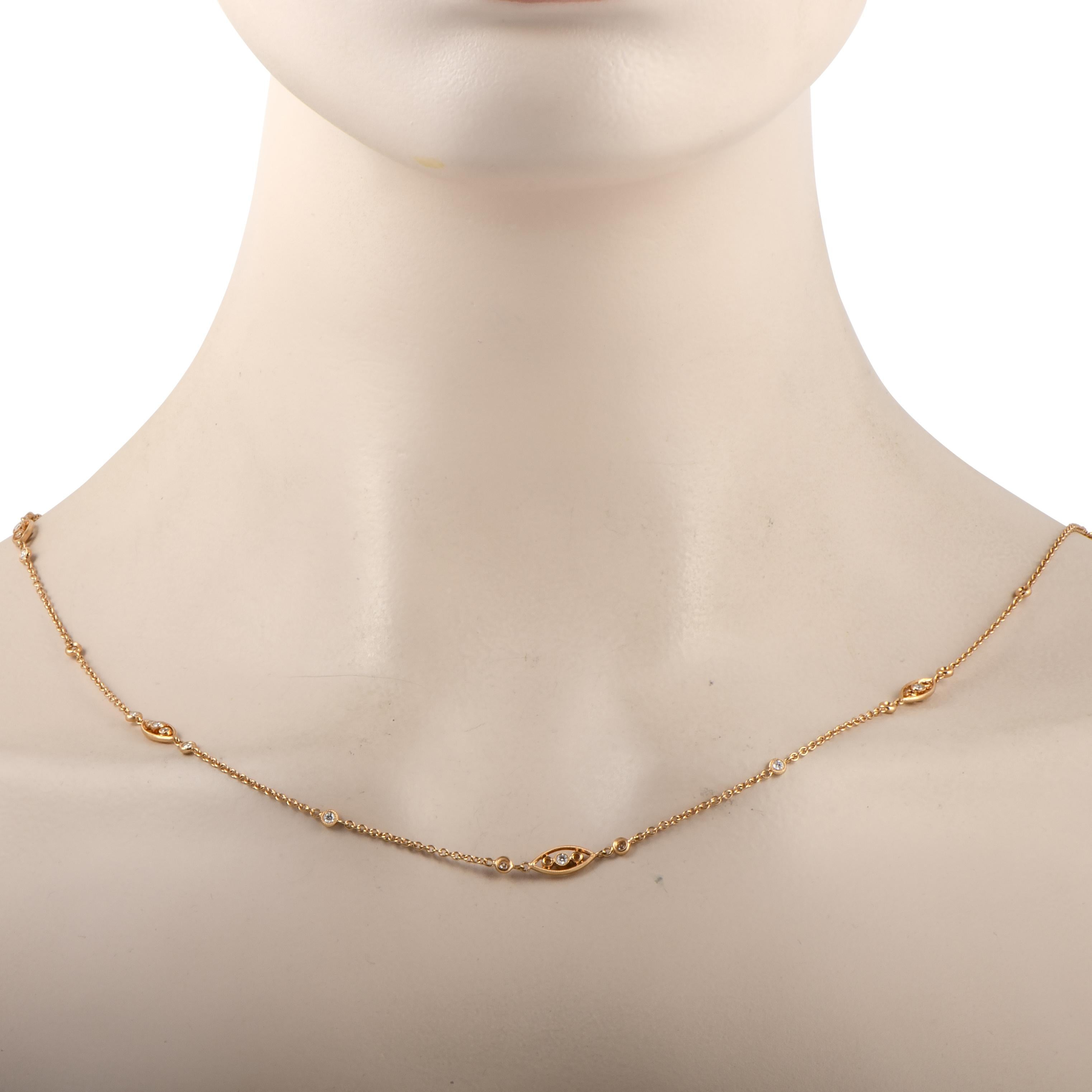 This LB Exclusive necklace is crafted from 18K rose gold and set with a total of 1.50 carats of diamonds. The necklace weighs 14.8 grams and measures 34” in length.

Offered in brand new condition, this jewelry piece includes a gift box.