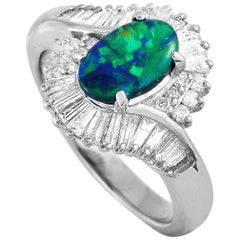 LB Exclusive Round and Baguette Diamonds and Opal Platinum Oval Ring