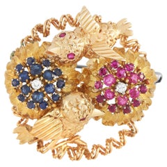 LB Exclusive Vintage 14K Yellow Gold Diamond, Sapphire and Ruby Bird Nest Brooch
