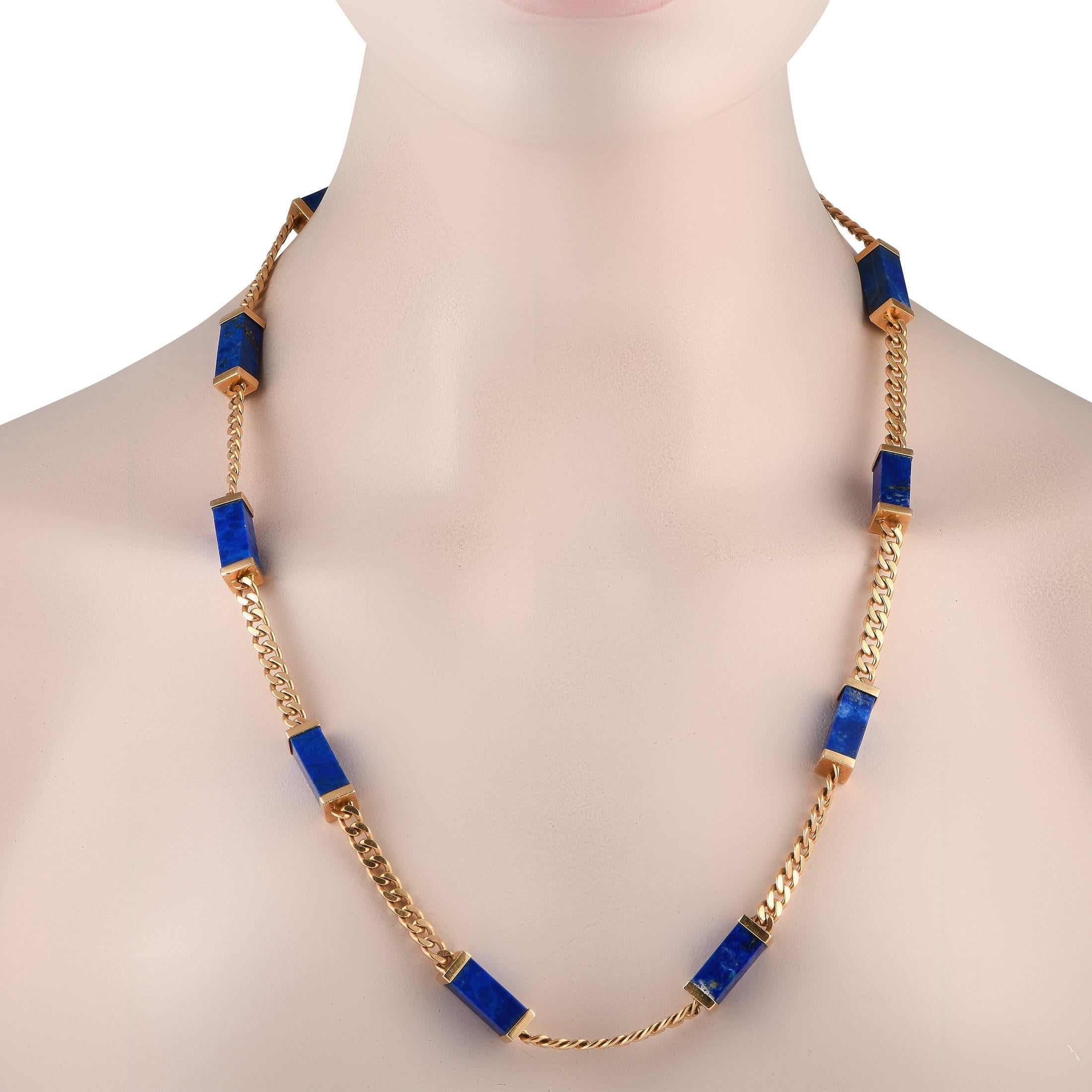 Captivating blue Lapis gemstones contrast beautifully against this vintage necklaces bold 14K Yellow Gold chain. Measuring 24 long, this luxury piece is undeniably elegant and effortlessly add a pop of color to any outfit or occasion.This jewelry