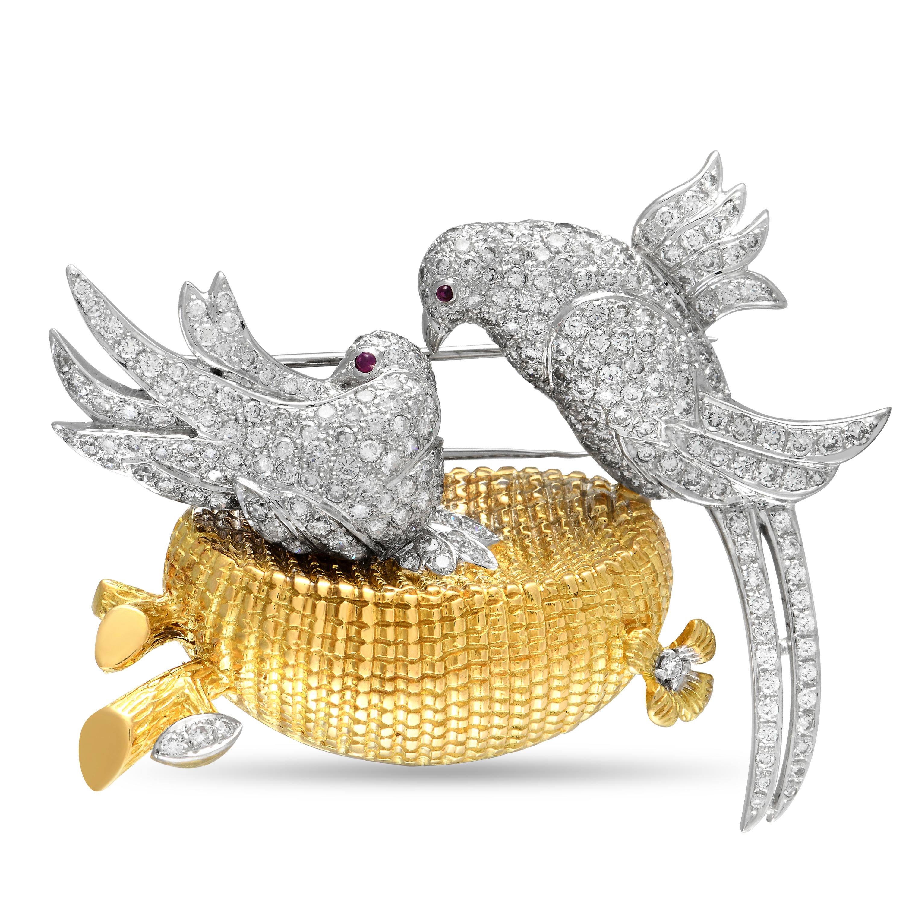 LB Exclusive Vintage 18K White & Yellow Gold 3.50ct Diamond Bird Brooch In Excellent Condition In Southampton, PA