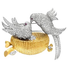 LB Exclusive Broche oiseau vintage en or blanc et jaune 18 carats avec diamants de 3,50 carats
