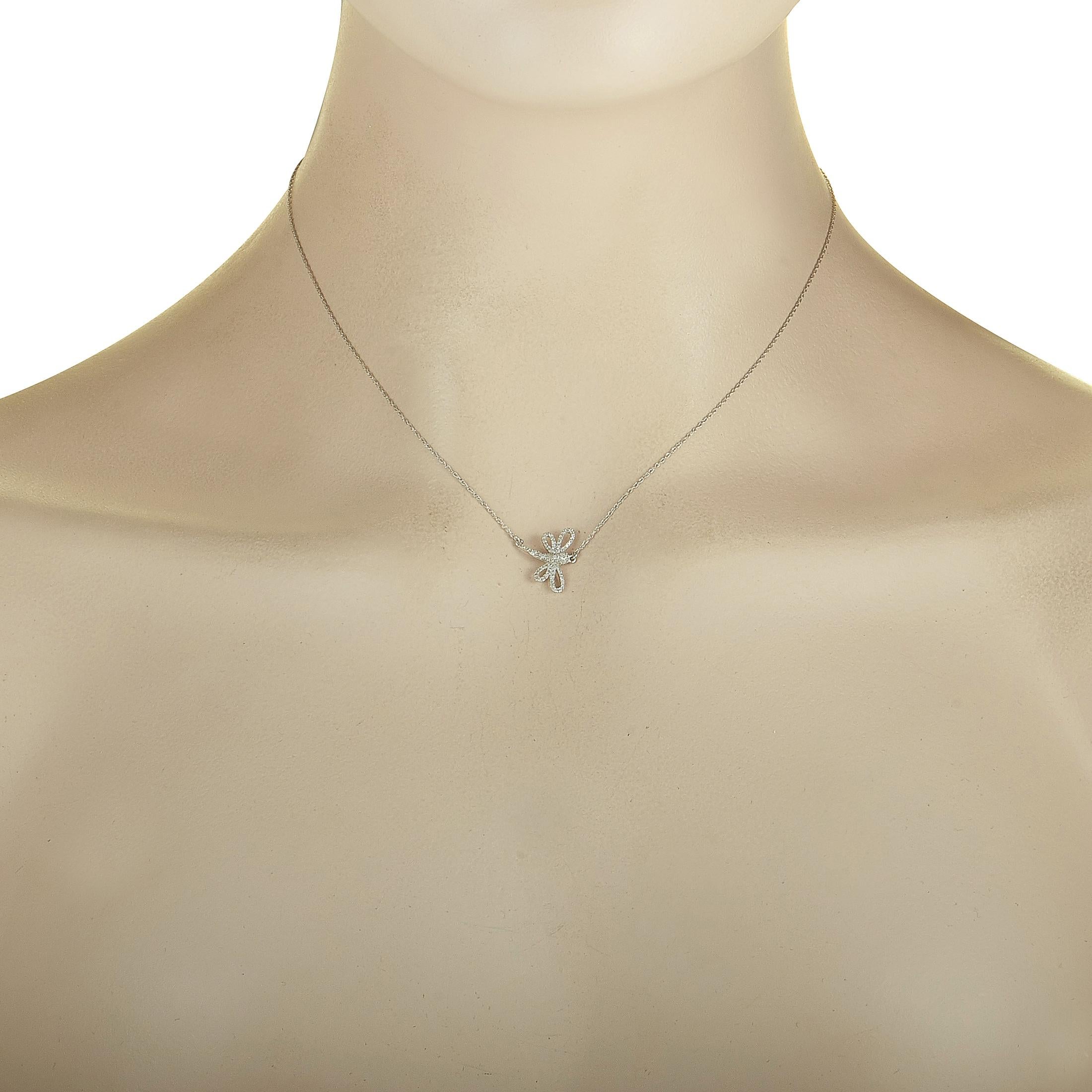 This LB Exclusive necklace is crafted from 14K white gold, boasting a 15” chain with spring ring closure and a dragonfly pendant that measures 0.50” in length and 0.50” in width. The necklace weighs 1.3 grams and is set with a total of 0.15 carats