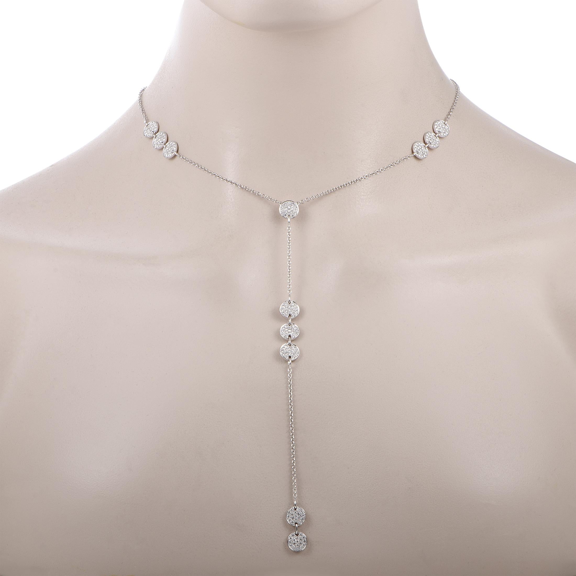 This LB Exclusive necklace is made of 18K white gold and embellished with diamonds that total 2.90 carats. Weighing 13.2 grams, the necklace is presented with a 19.00” chain featuring lobster claw closure and a pendant that measures 5.50” in length