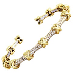 LB Exclusive Yellow and White Gold Diamond Pave X Pattern Open Bangle Bracelet