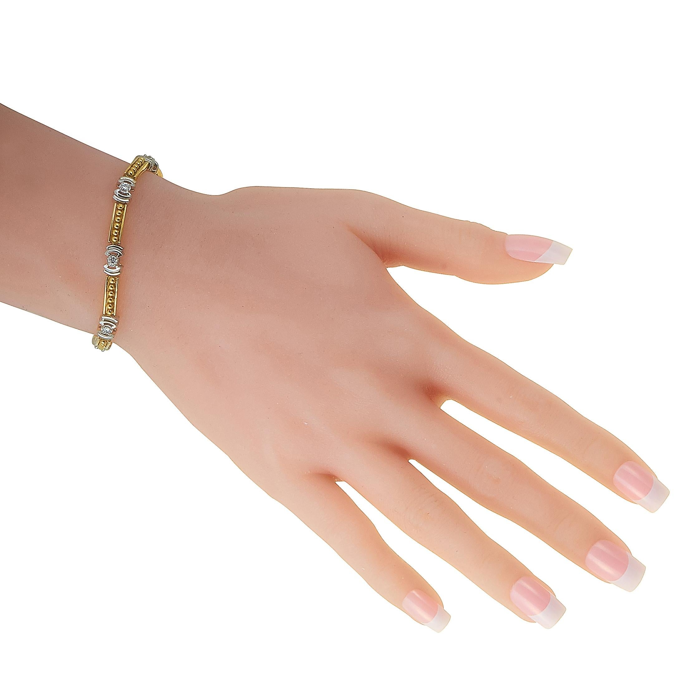 This LB Exclusive bracelet is made of 18K yellow and white gold and weighs 23.5 grams, measuring 7.50” in length. The bracelet is set with diamonds that amount to 1.00 carat.
 
Offered in brand new condition, this item includes a gift box.
