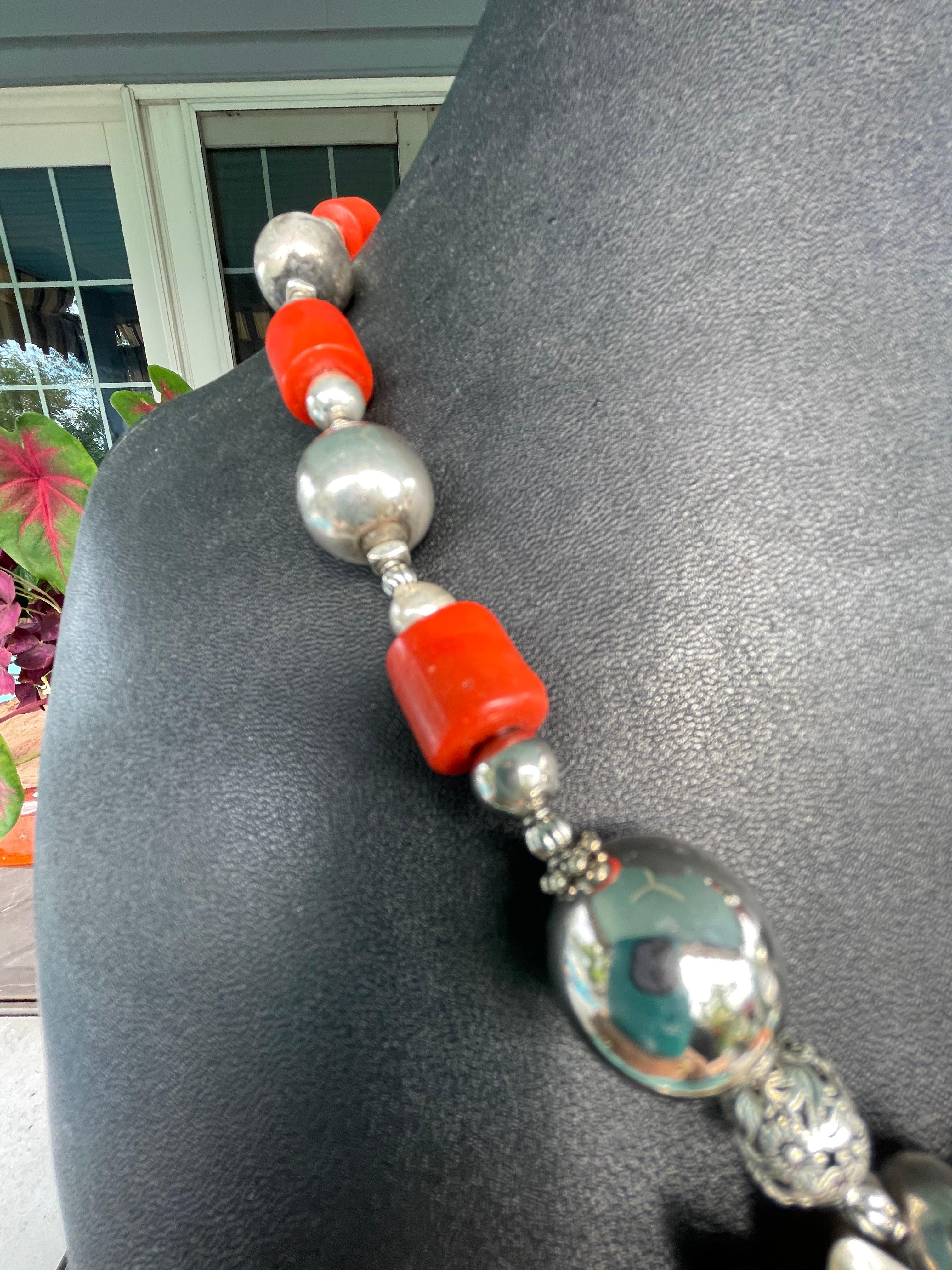 Native American LB fabulous Mexican Sterling Sun Pendant necklace Coral and Sterling beads/clasp For Sale
