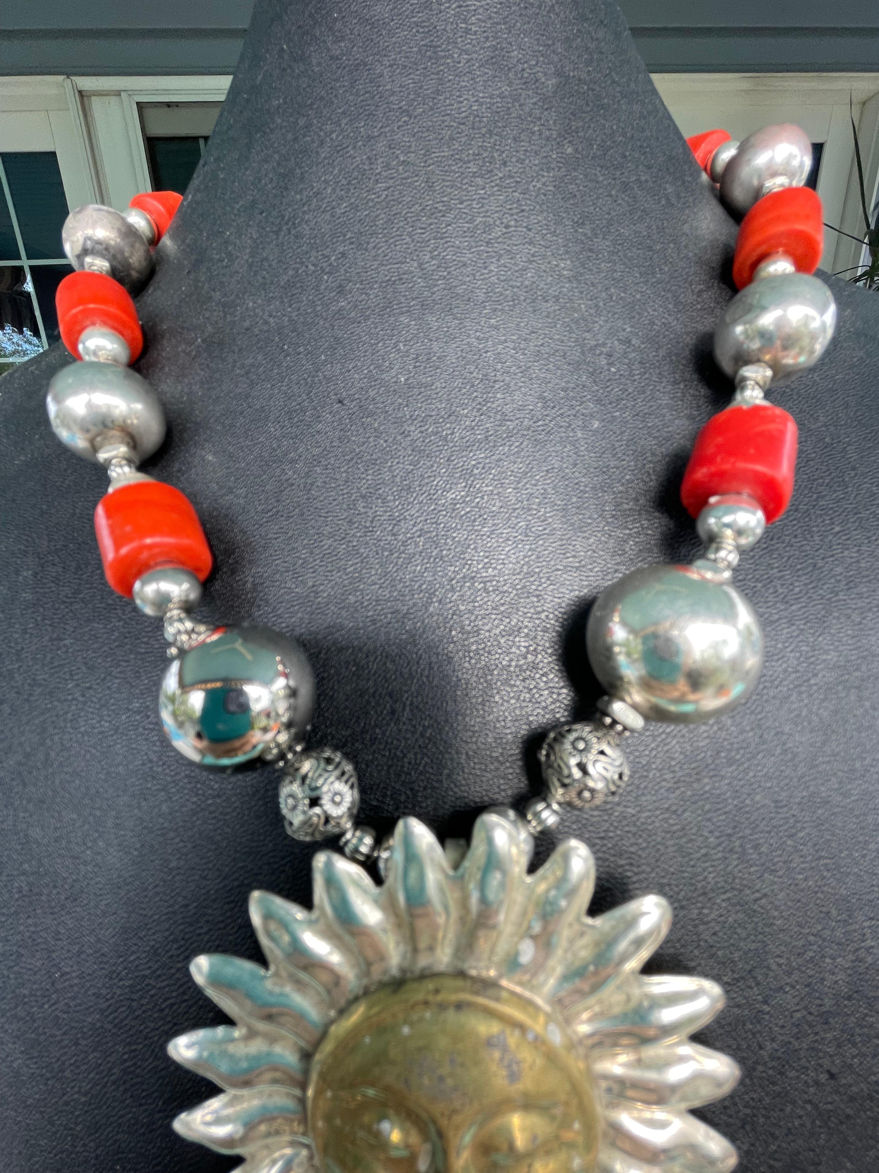 LB fabulous Mexican Sterling Sun Pendant necklace Coral and Sterling beads/clasp For Sale 2