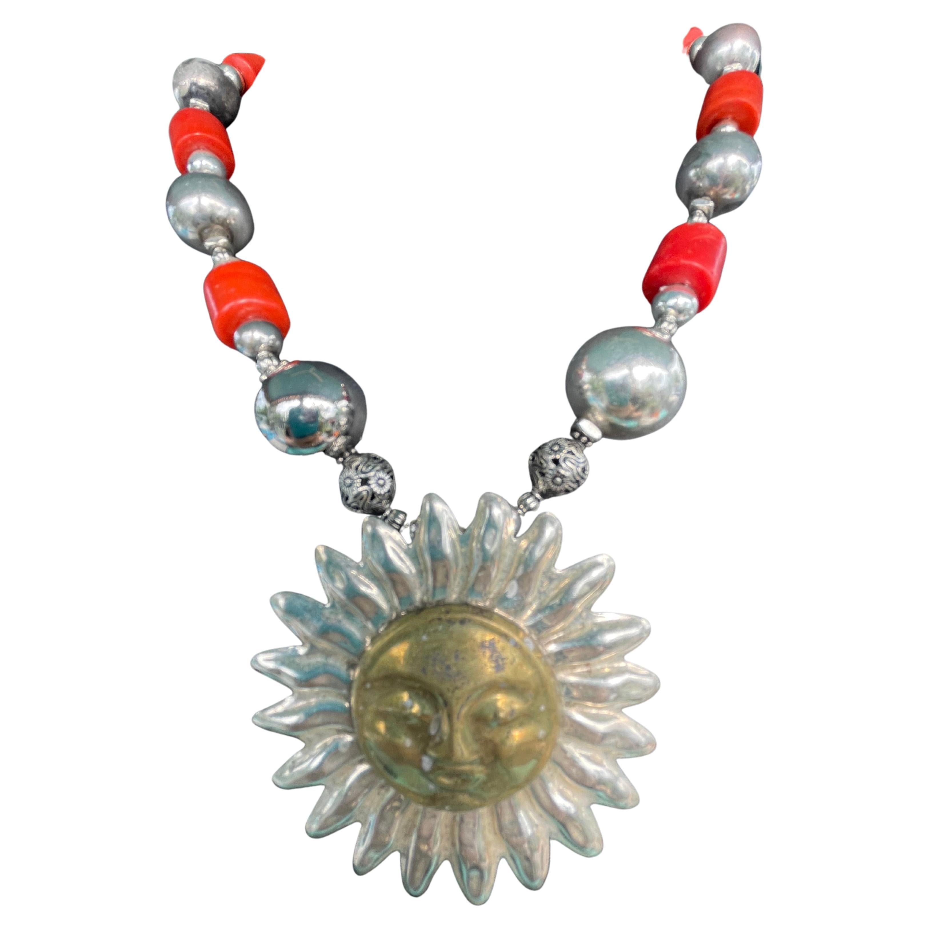 LB fabulous Mexican Sterling Sun Pendant necklace Coral and Sterling beads/clasp For Sale