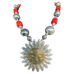 Vintage LB fabulous Mexican Sterling Sun Pendant necklace Coral and Sterling beads/clasp