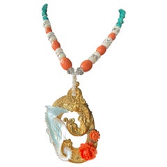 Antique LB handmade Brass Mother of Pearl Bakelite pendant necklace old Glass Turquoise