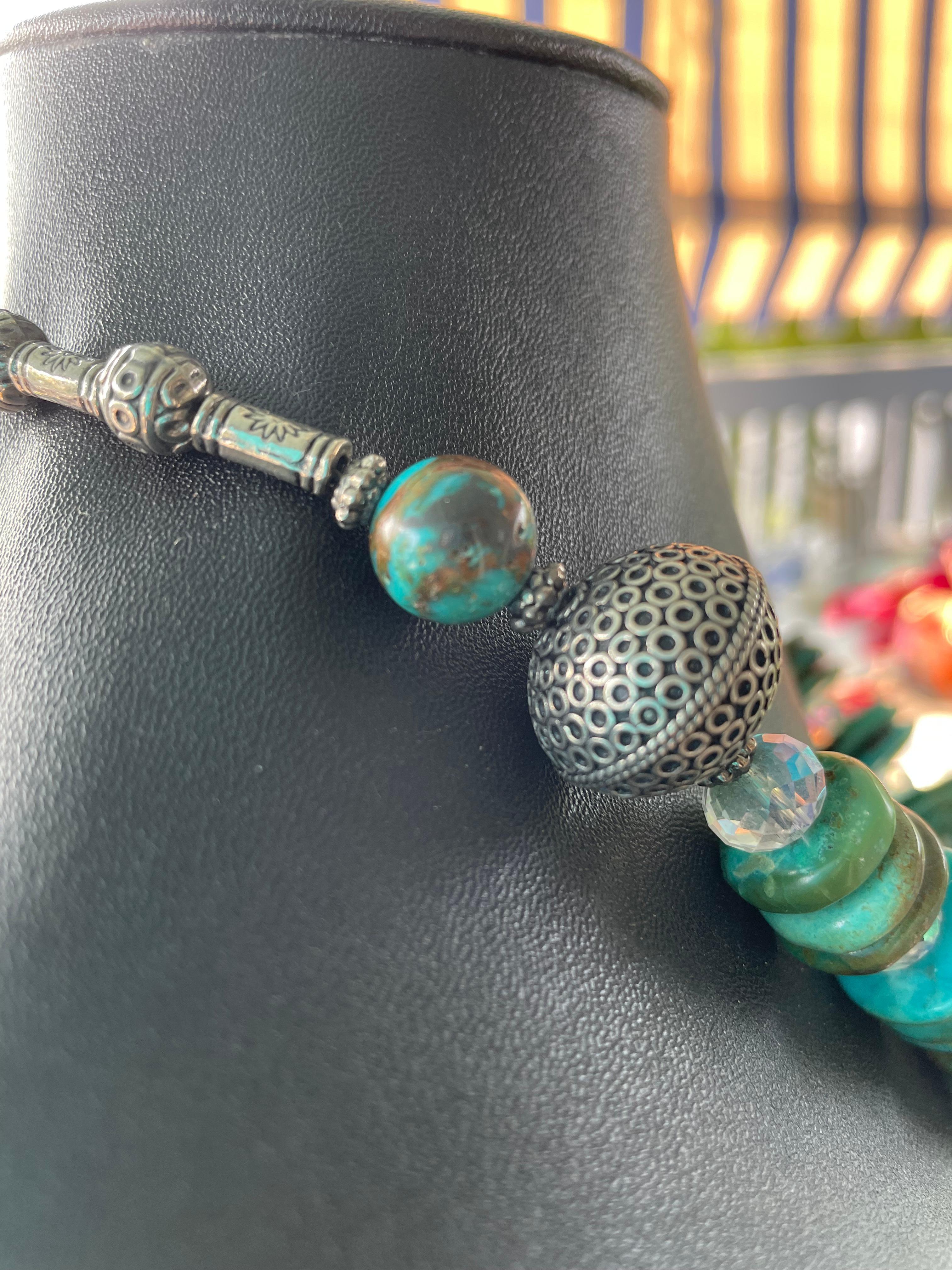 LB offers a gorgeous Kingman Turquoise disc bead necklace from Arizona mine. In my travels I found these amazing beads in the boutique at the mine location. They are gorgeous greens and blues and tans and absolutely glow. The Swarovski aurora