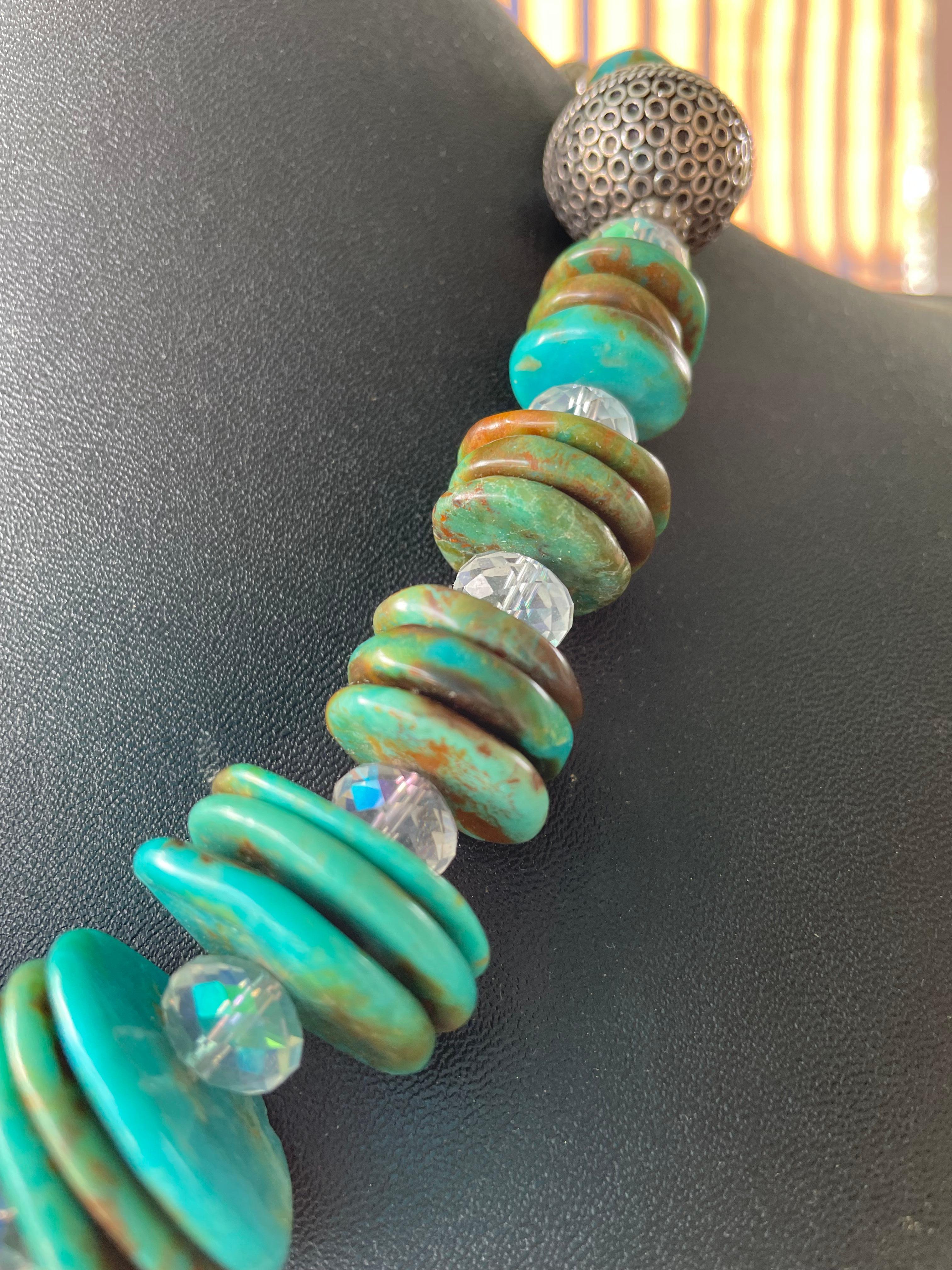 LB handmade Kingman Turquoise disc beads Faceted Swarovski AB crystals necklace In New Condition For Sale In Pittsburgh, PA