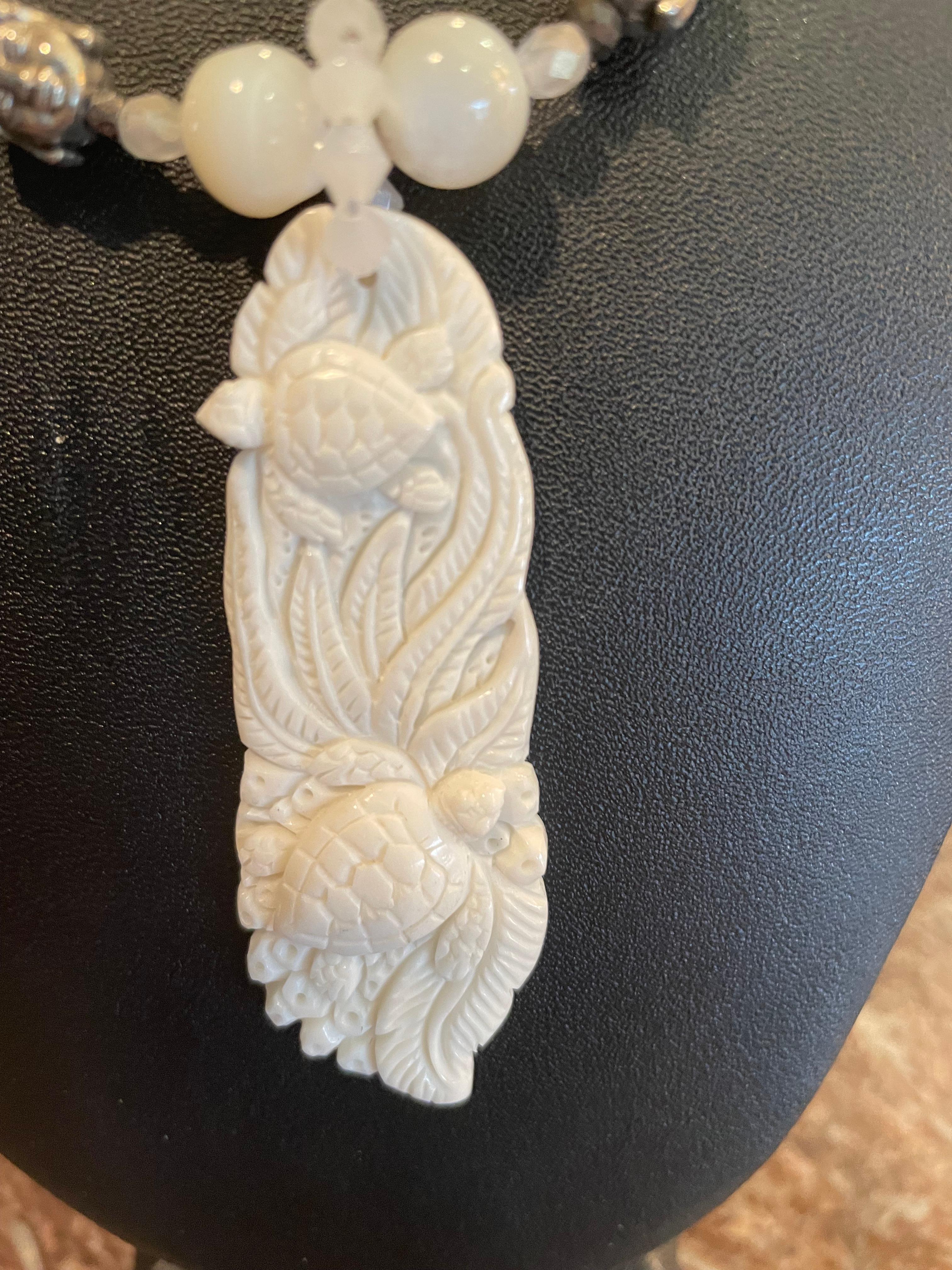 Artisan LB handmade one of a kind carved bone pendant stunning MOP necklace For Sale