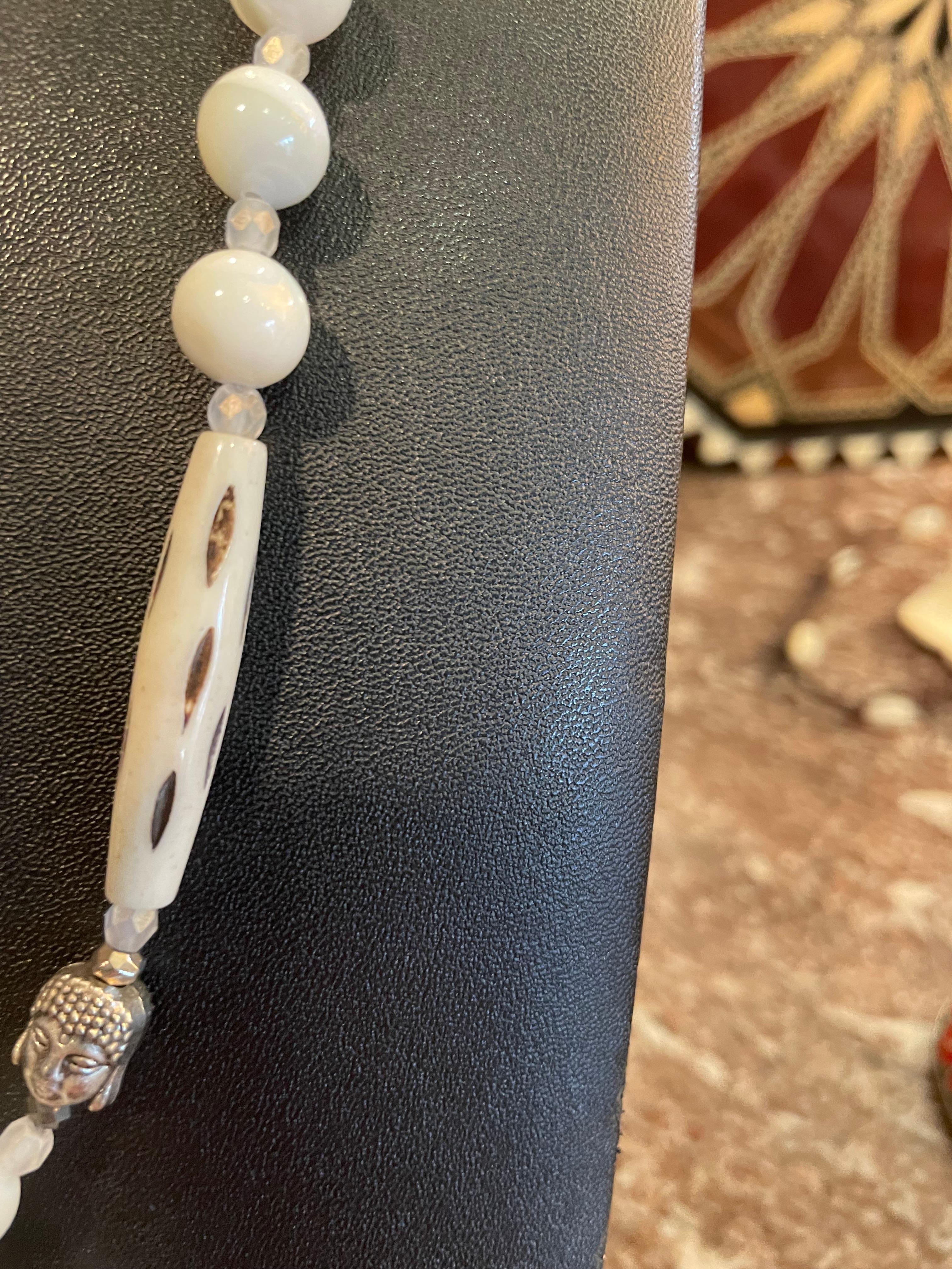 Bead LB handmade one of a kind carved bone pendant stunning MOP necklace For Sale