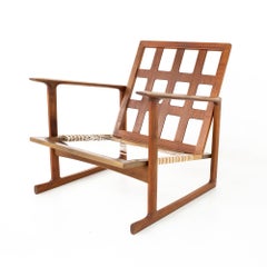 lb Kofod Larsen for Selig Mid Century Lattice Back Teak Sleigh Leg Lounge Chair