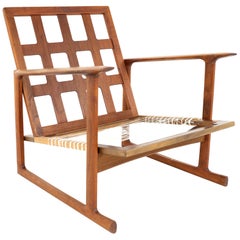 lb Kofod Larsen for Selig Mid Century Lattice Back Teak Sleigh Leg Lounge Chair