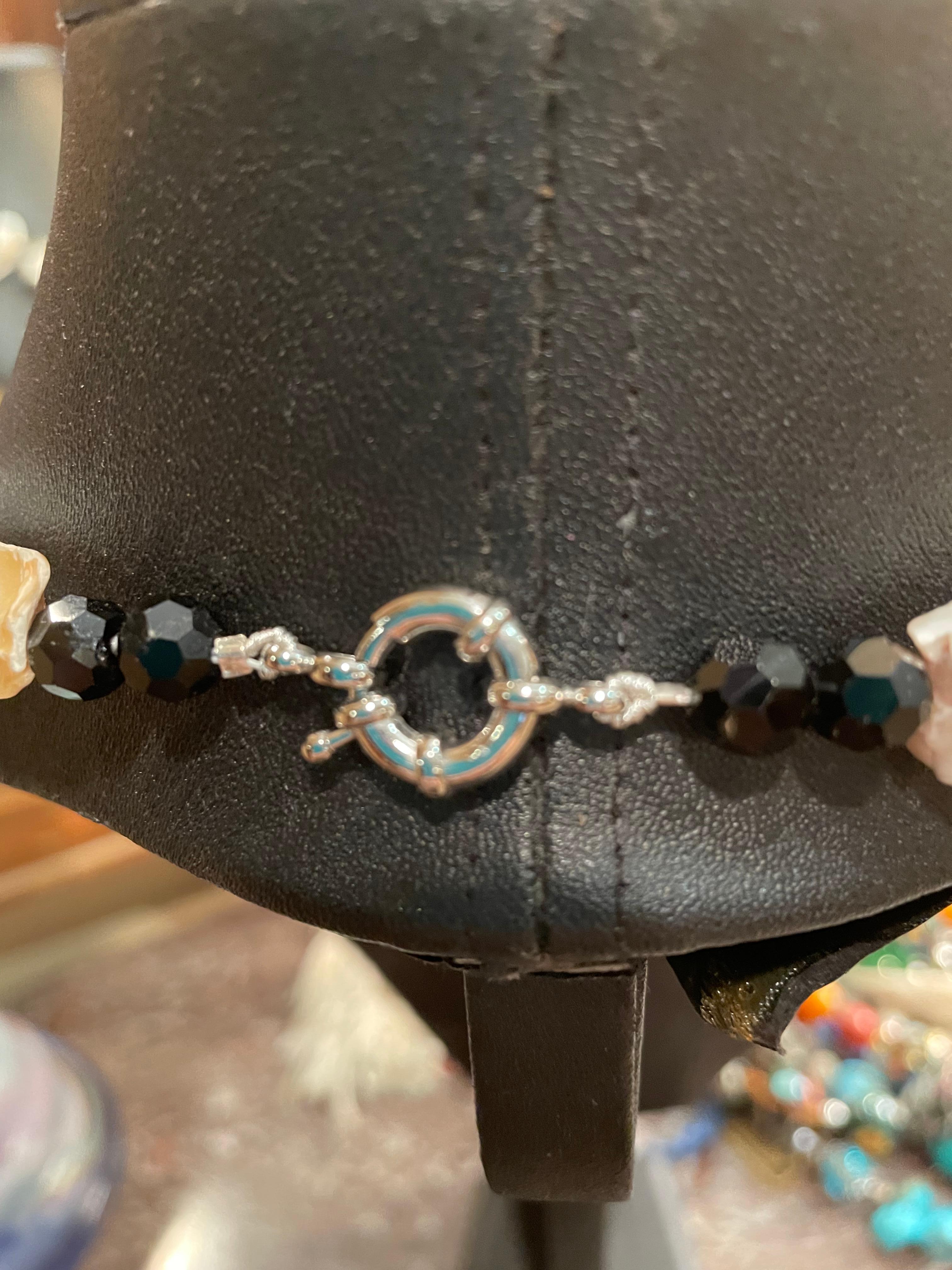 Uncut LB large Baroque Pearls Black Crystal Sterling Silver Handmade necklace For Sale