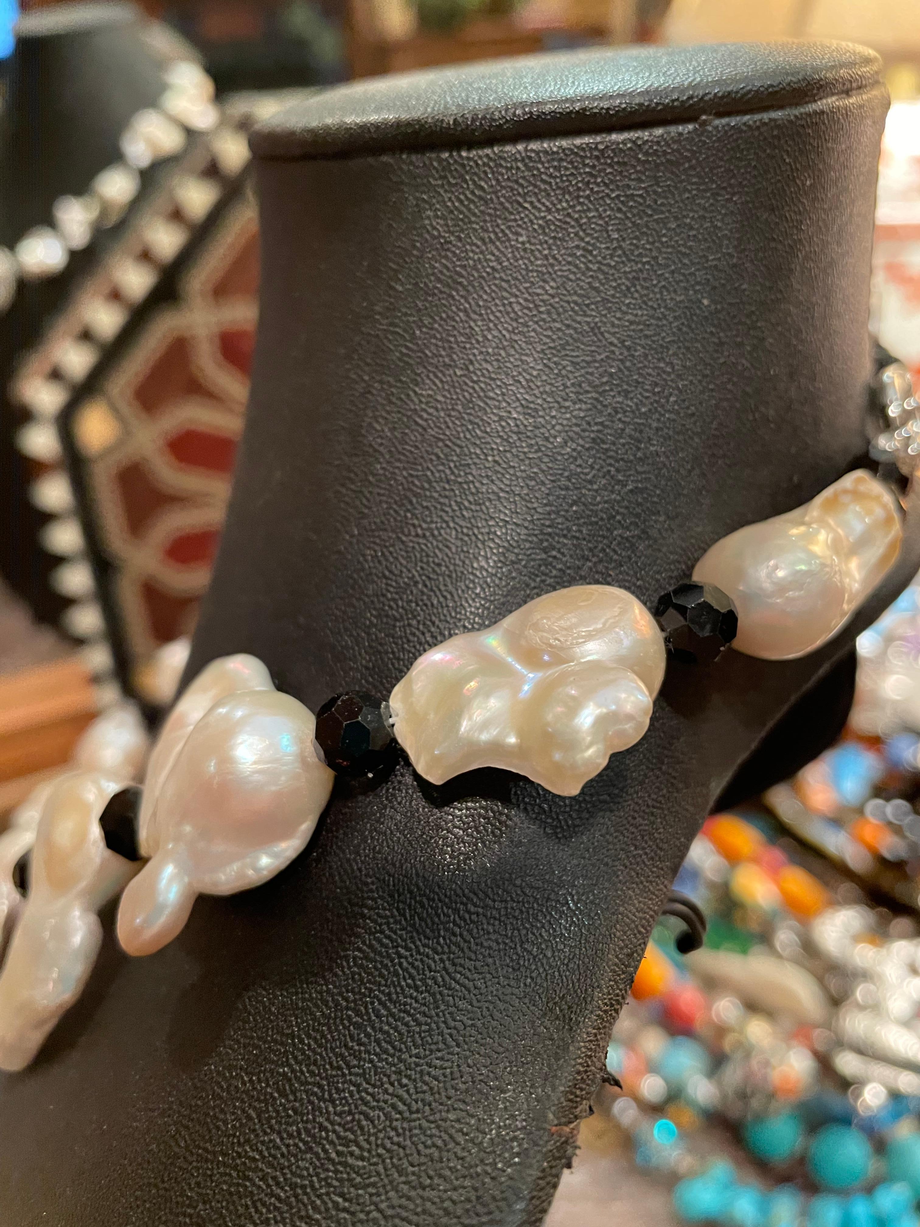 LB large Baroque Pearls Black Crystal Sterling Silver Handmade necklace In New Condition For Sale In Pittsburgh, PA