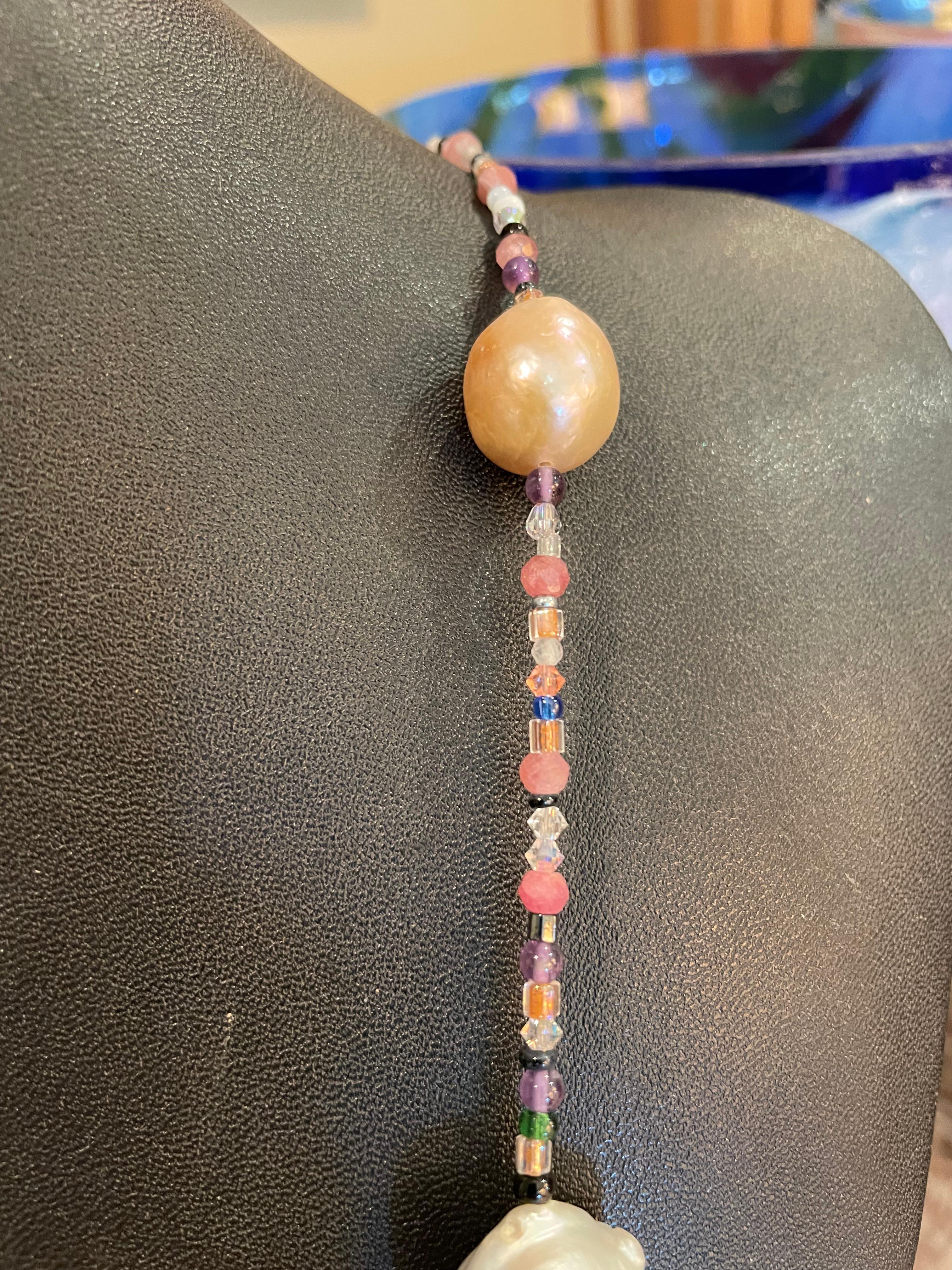 LB Large Baroque Pearls Stunning rope necklace with multi color crystals offered In New Condition For Sale In Pittsburgh, PA