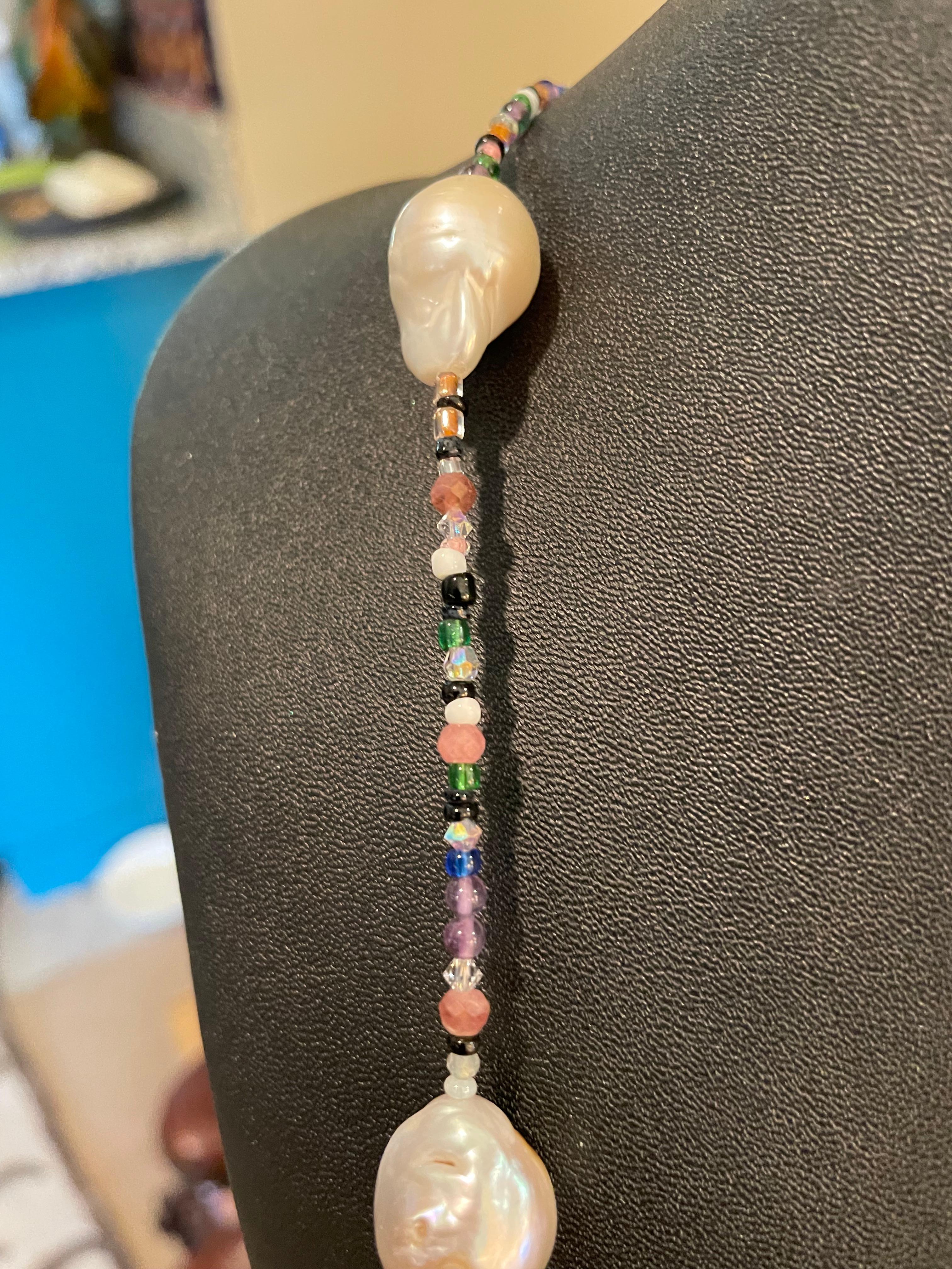 Women's LB Large Baroque Pearls Stunning rope necklace with multi color crystals offered For Sale