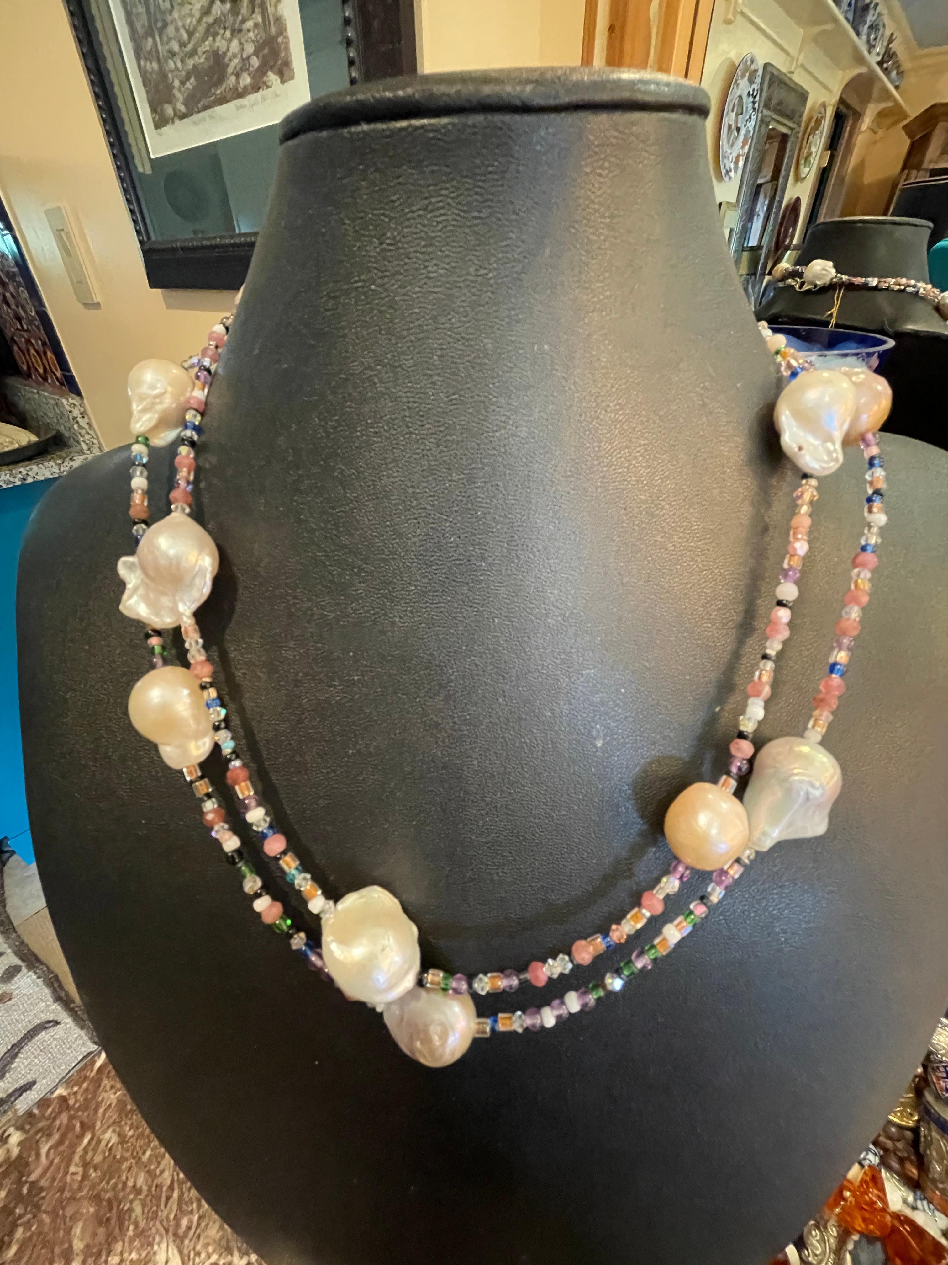 LB Large Baroque Pearls Stunning rope necklace with multi color crystals offered For Sale 3