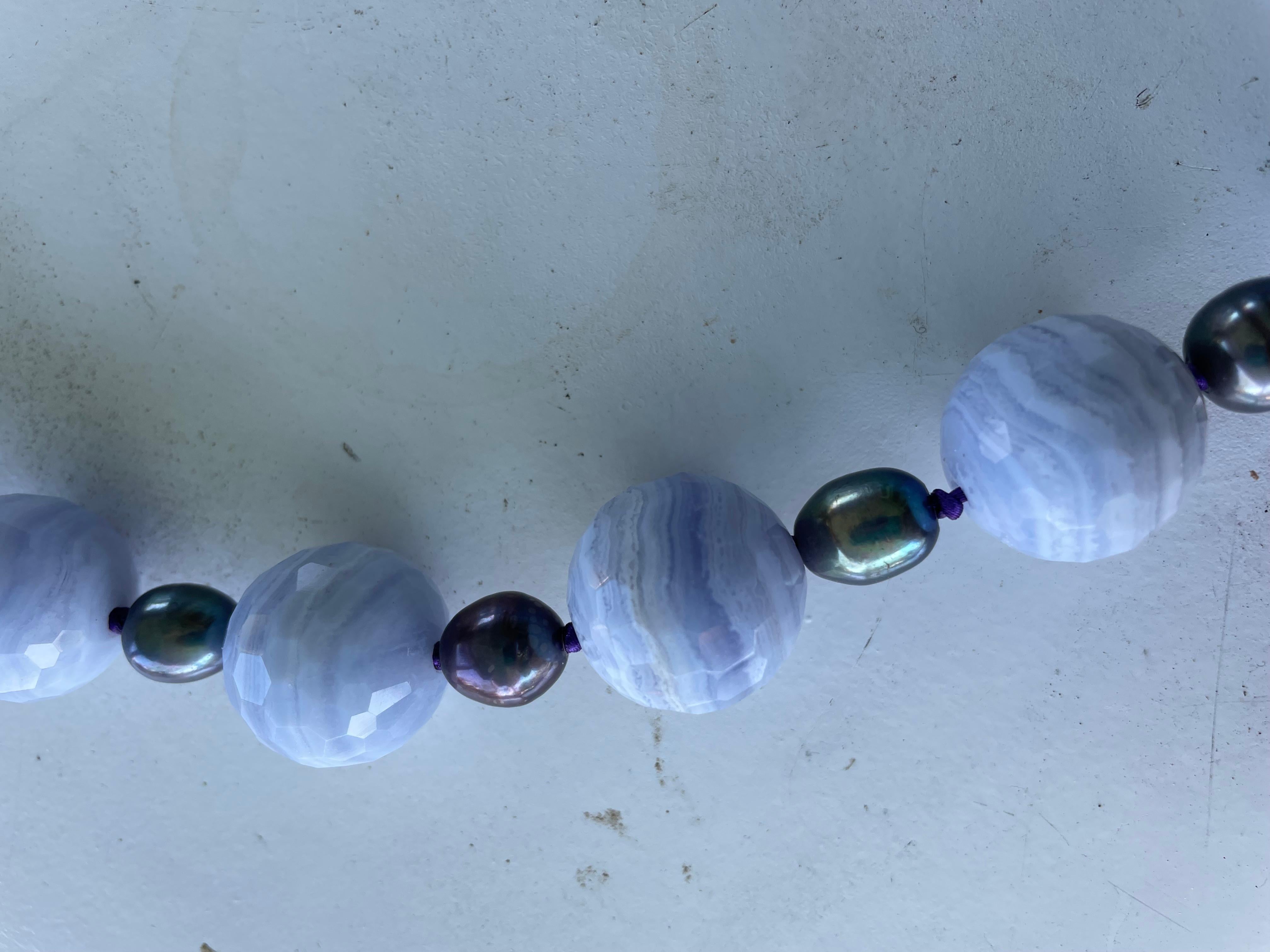 Artisan LB Large faceted Blue Lace Agate beads with Peacock freshwater pearls necklace  For Sale