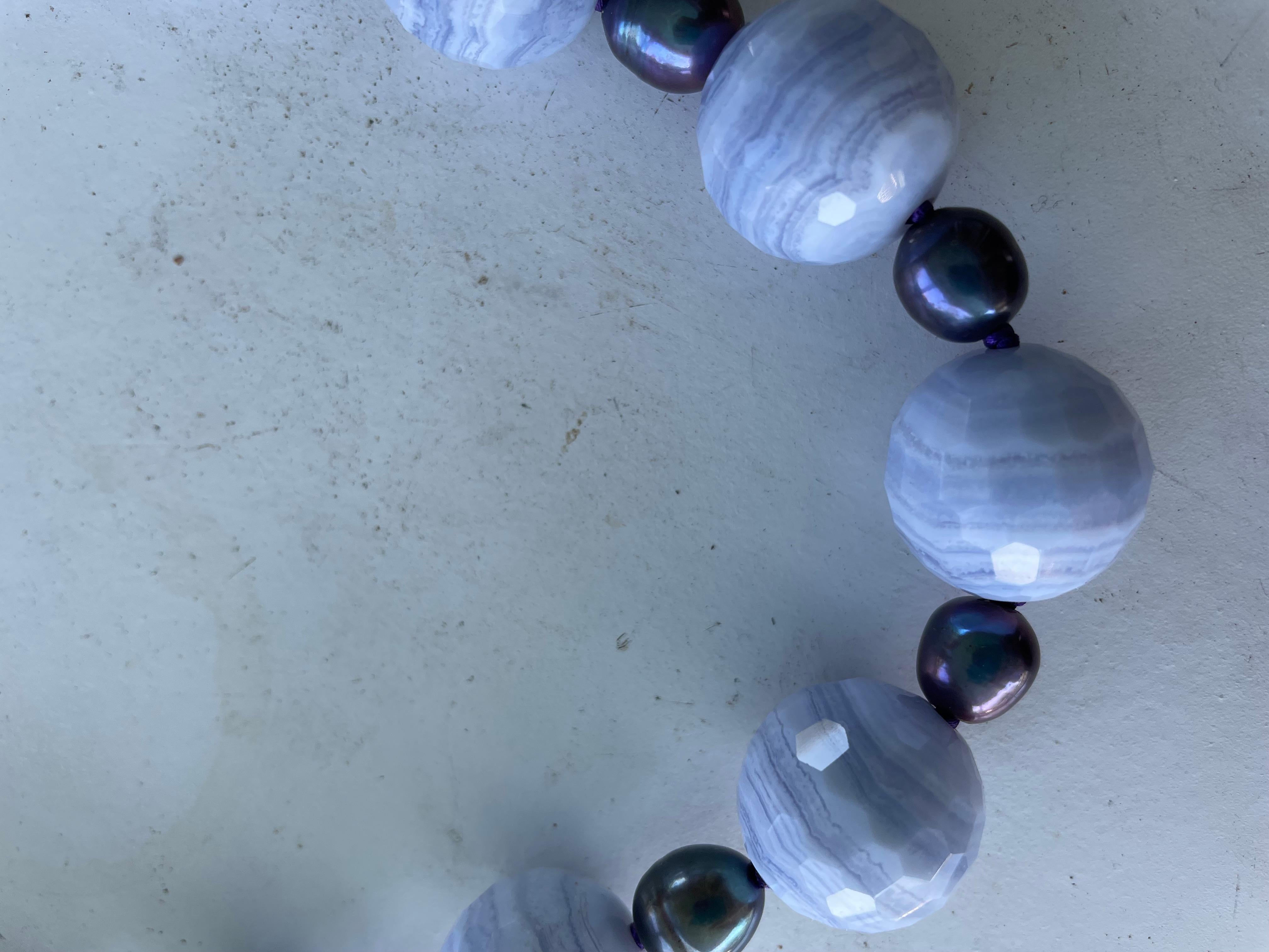 Bead LB Large faceted Blue Lace Agate beads with Peacock freshwater pearls necklace  For Sale