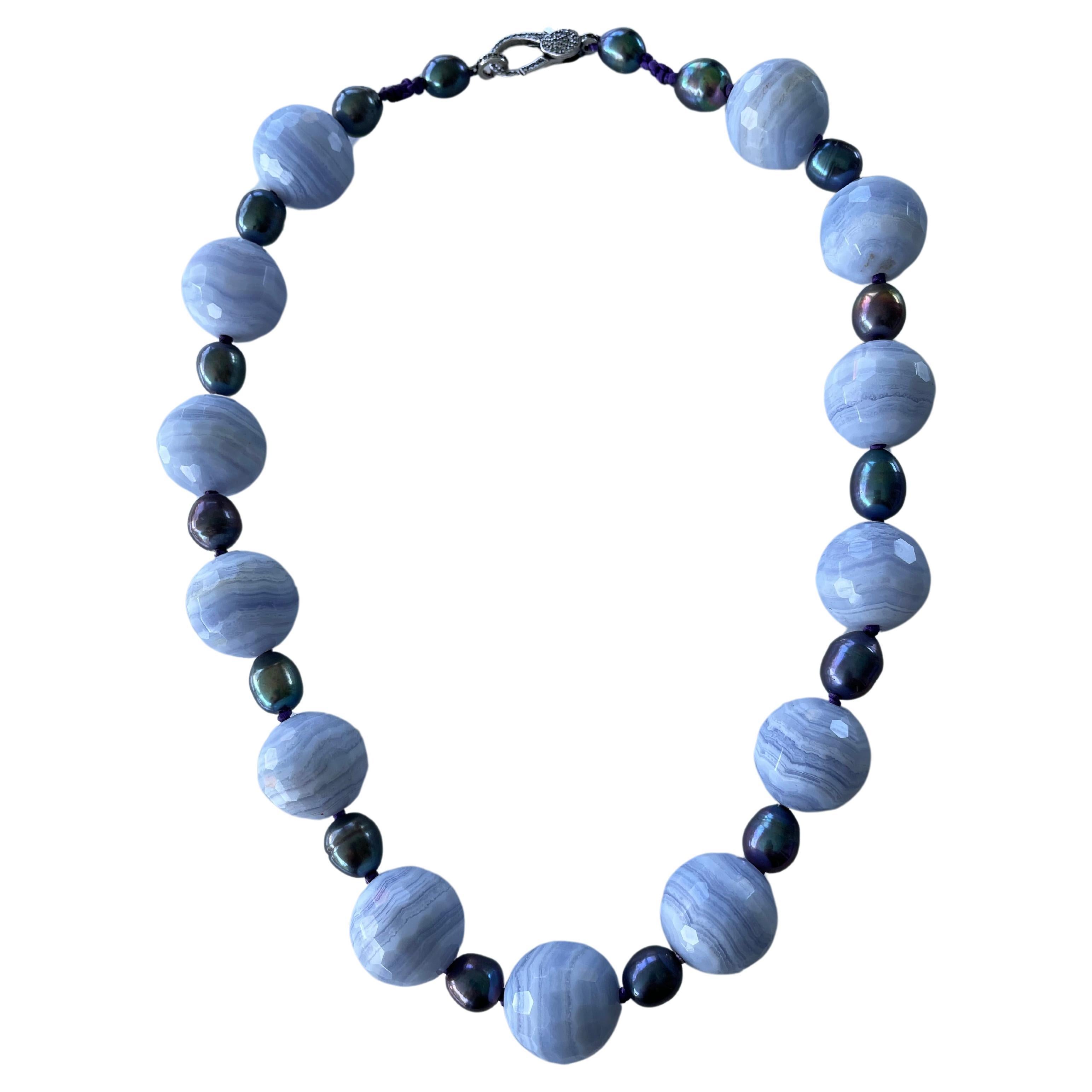 LB Large faceted Blue Lace Agate beads with Peacock freshwater pearls necklace 