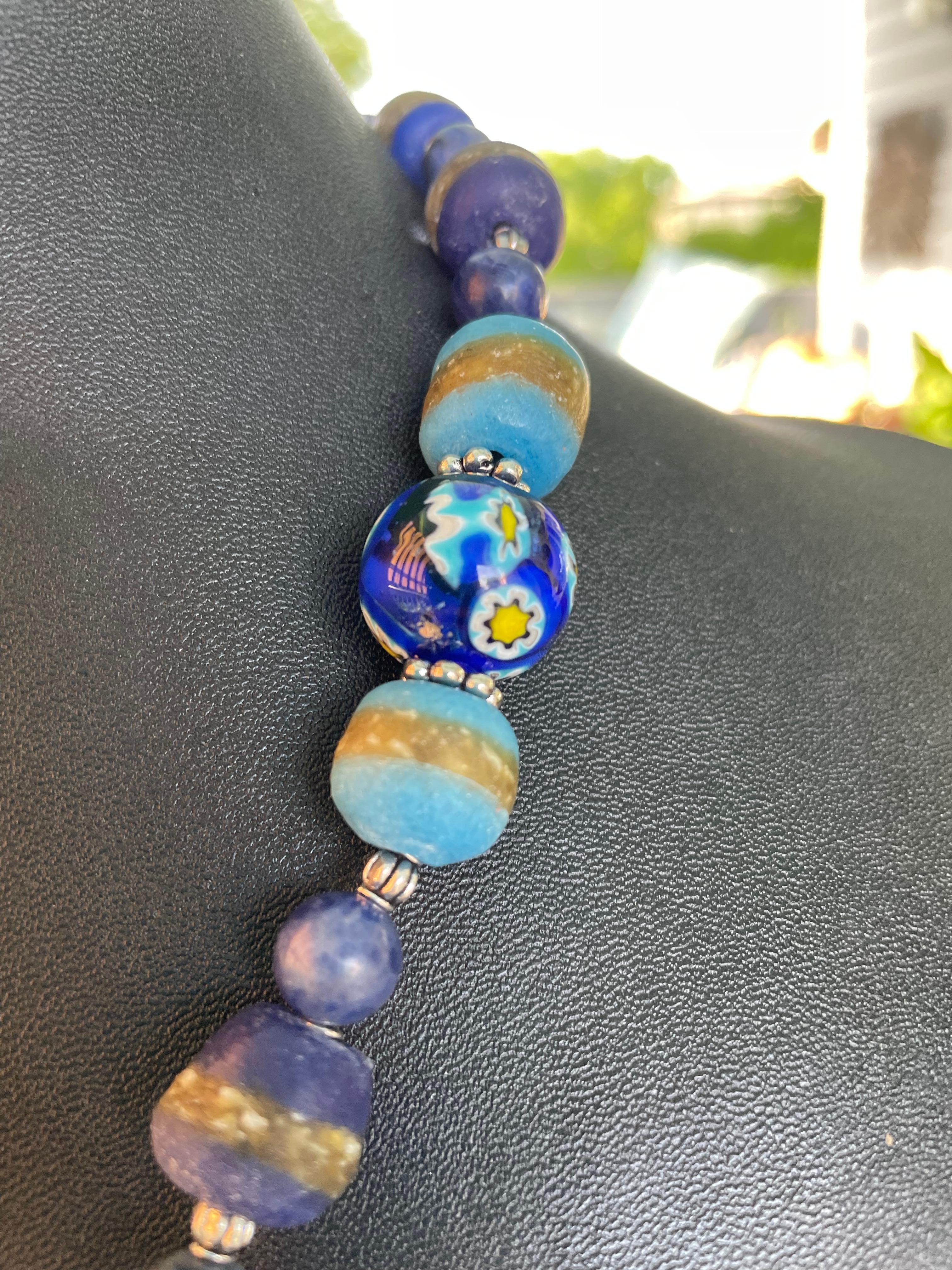 Artisan LB offers 20th c. Venetian glass trade beads Sterling Silver lapis bead necklace