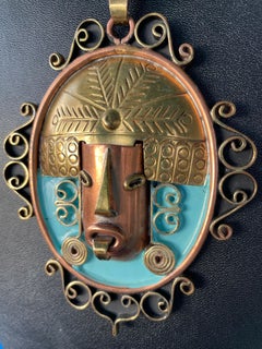 LB offers 50’s Copper Enamel Brass Aztec pendant Blue Agates Crystals Necklace