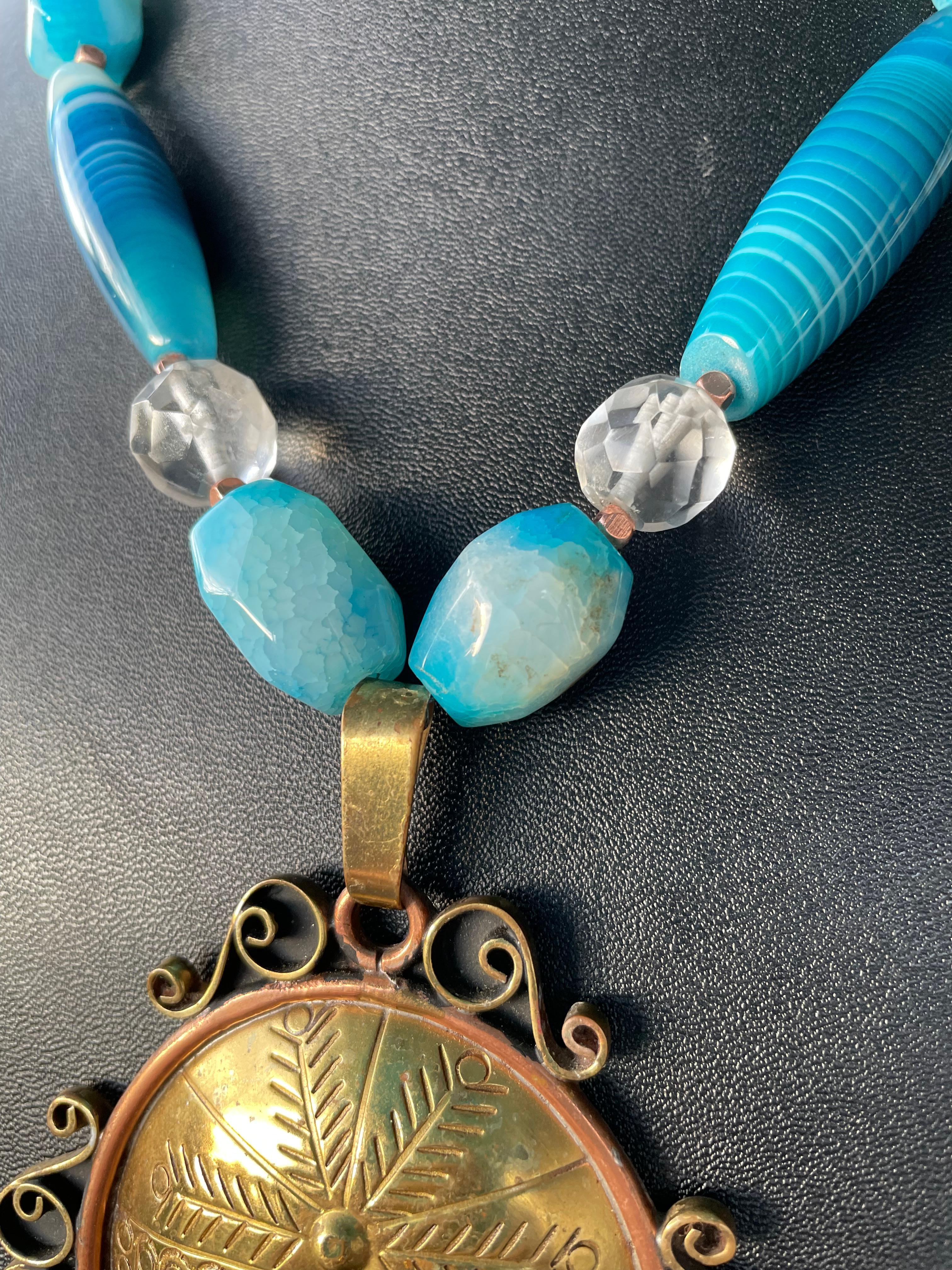 Artisan LB offers 50’s Copper Enamel Brass Aztec pendant Blue Agates Crystals Necklace For Sale