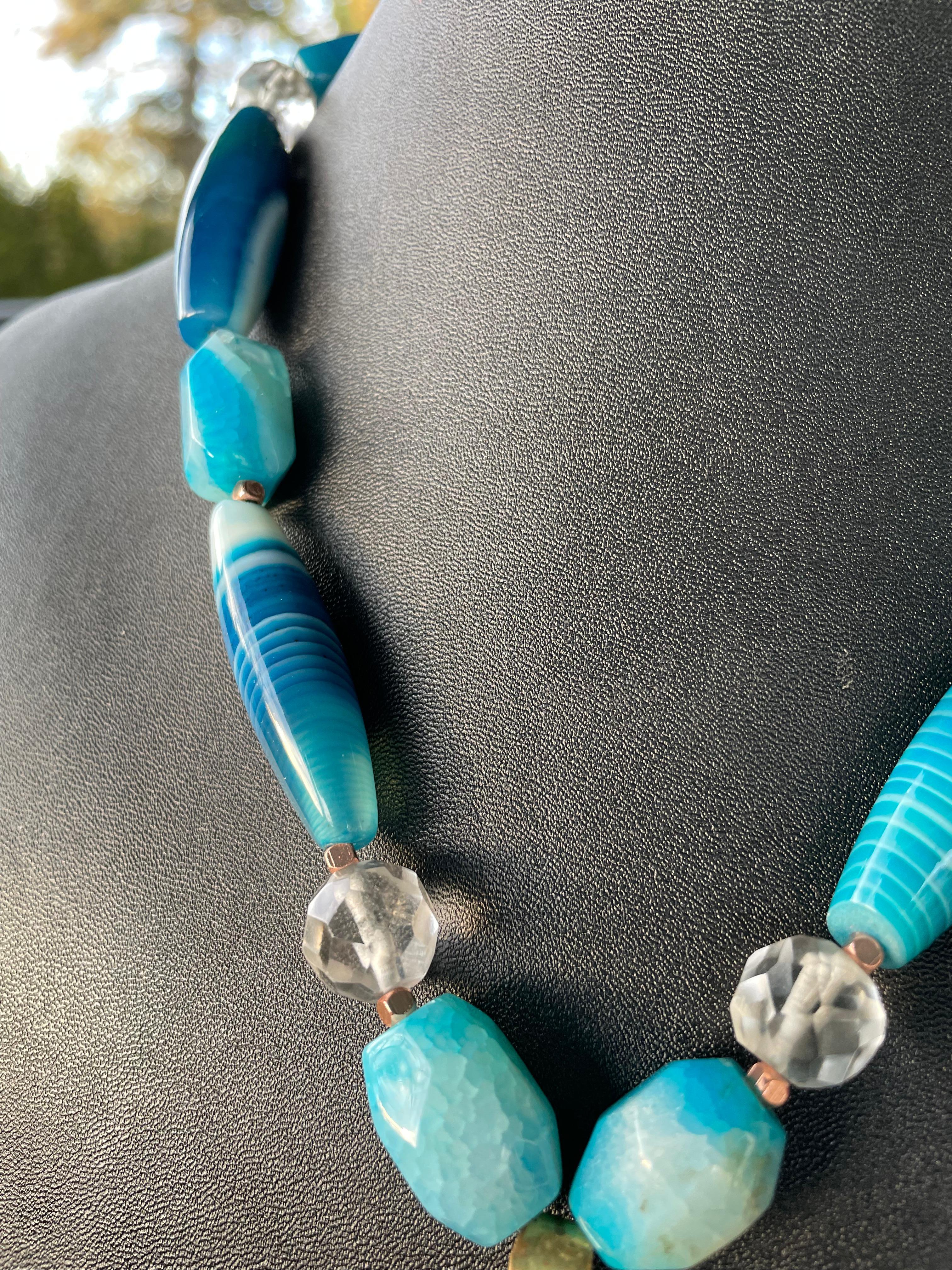 Bead LB offers 50’s Copper Enamel Brass Aztec pendant Blue Agates Crystals Necklace For Sale