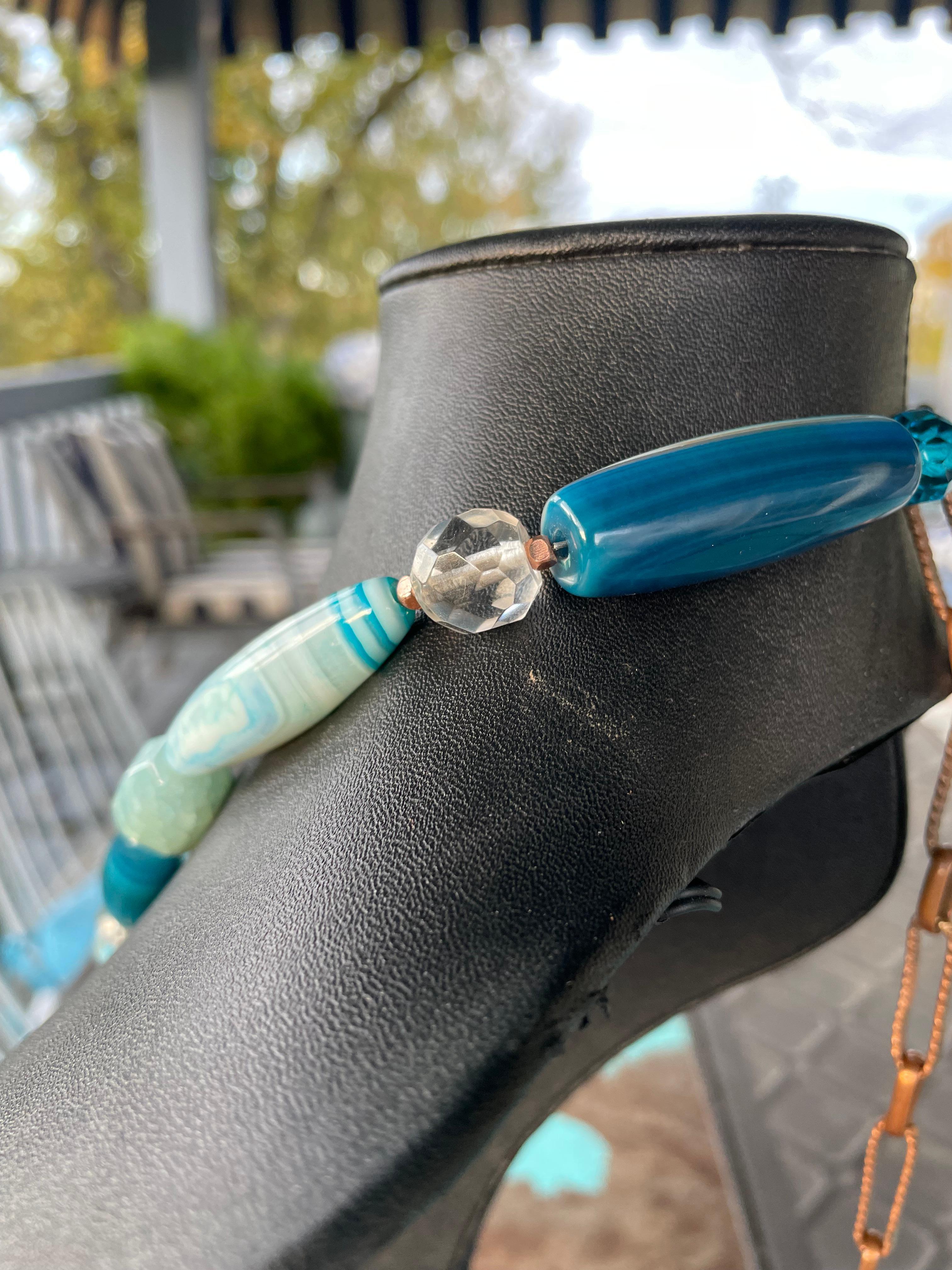 Women's or Men's LB offers 50’s Copper Enamel Brass Aztec pendant Blue Agates Crystals Necklace For Sale