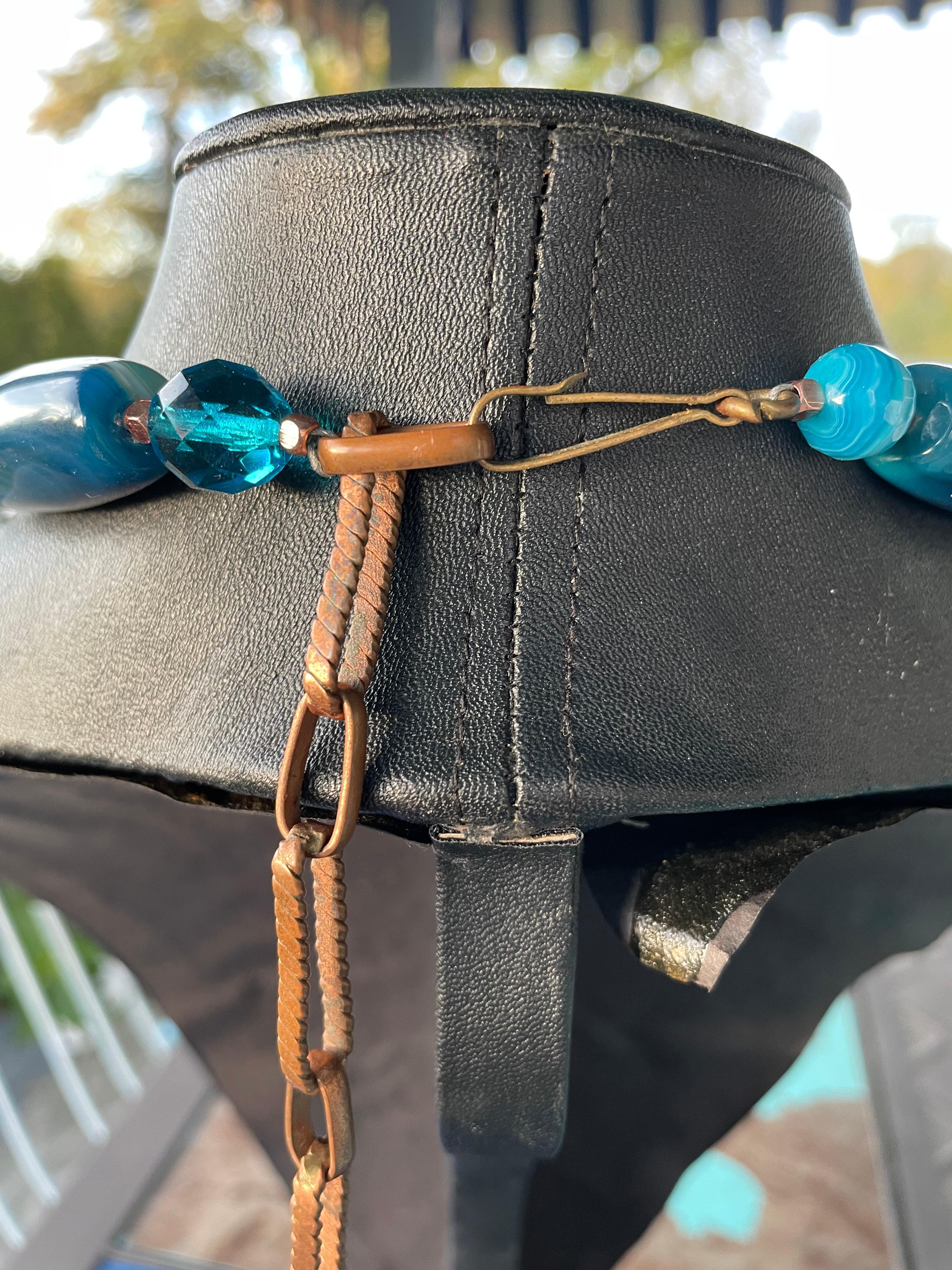 LB offers 50’s Copper Enamel Brass Aztec pendant Blue Agates Crystals Necklace For Sale 2