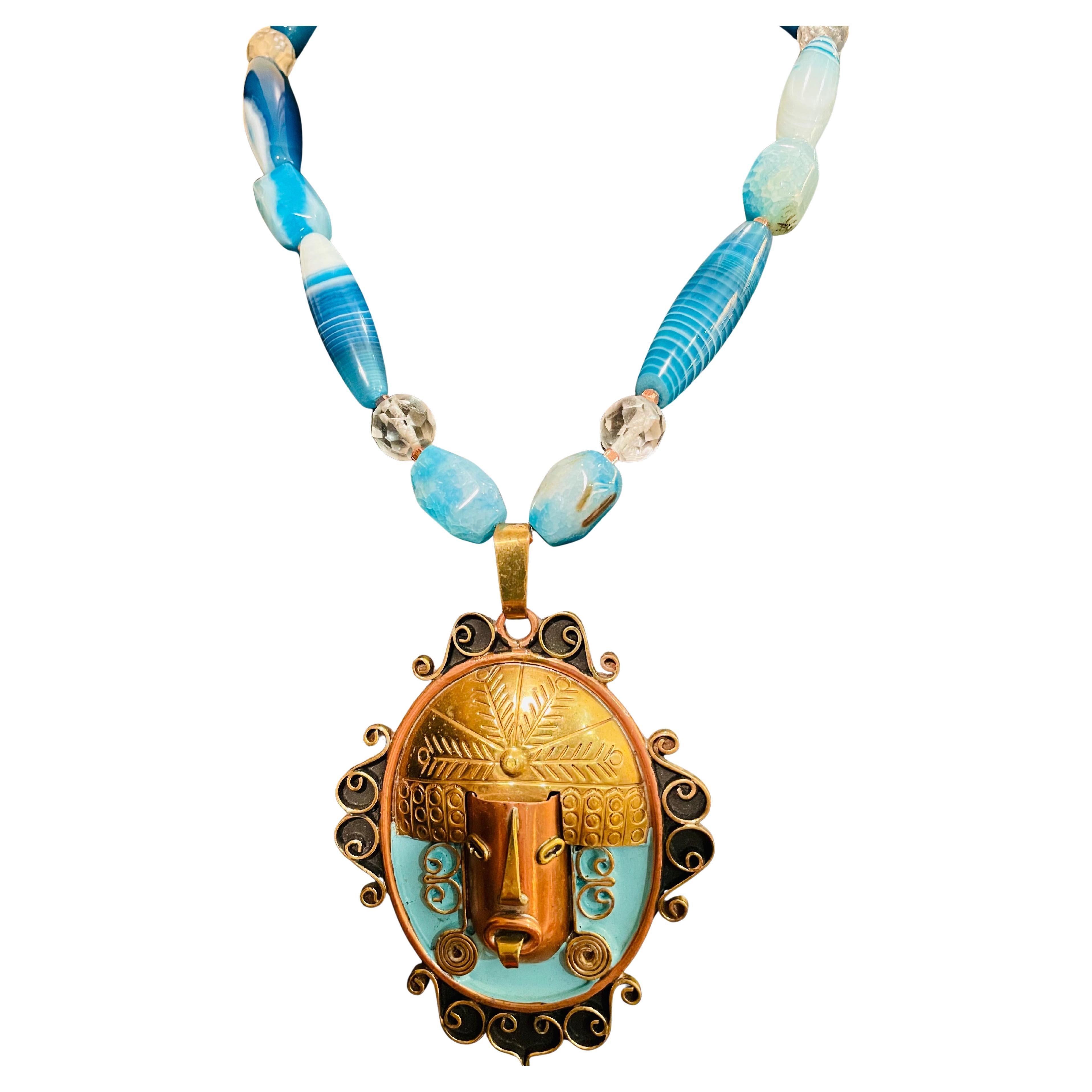 LB offers 50’s Copper Enamel Brass Aztec pendant Blue Agates Crystals Necklace For Sale