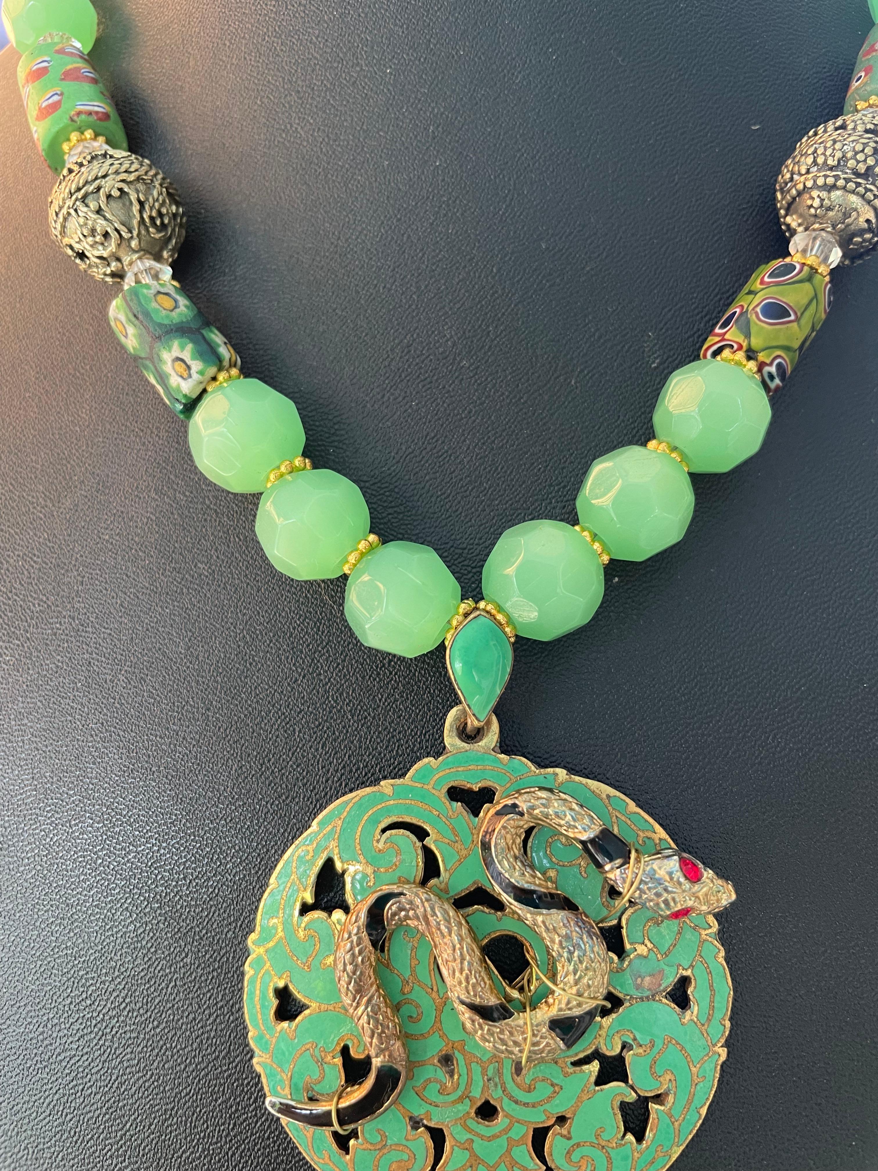 Art Nouveau LB offers 60’s Enamel Brass snake earring Peking glass Venetian glass Necklace For Sale