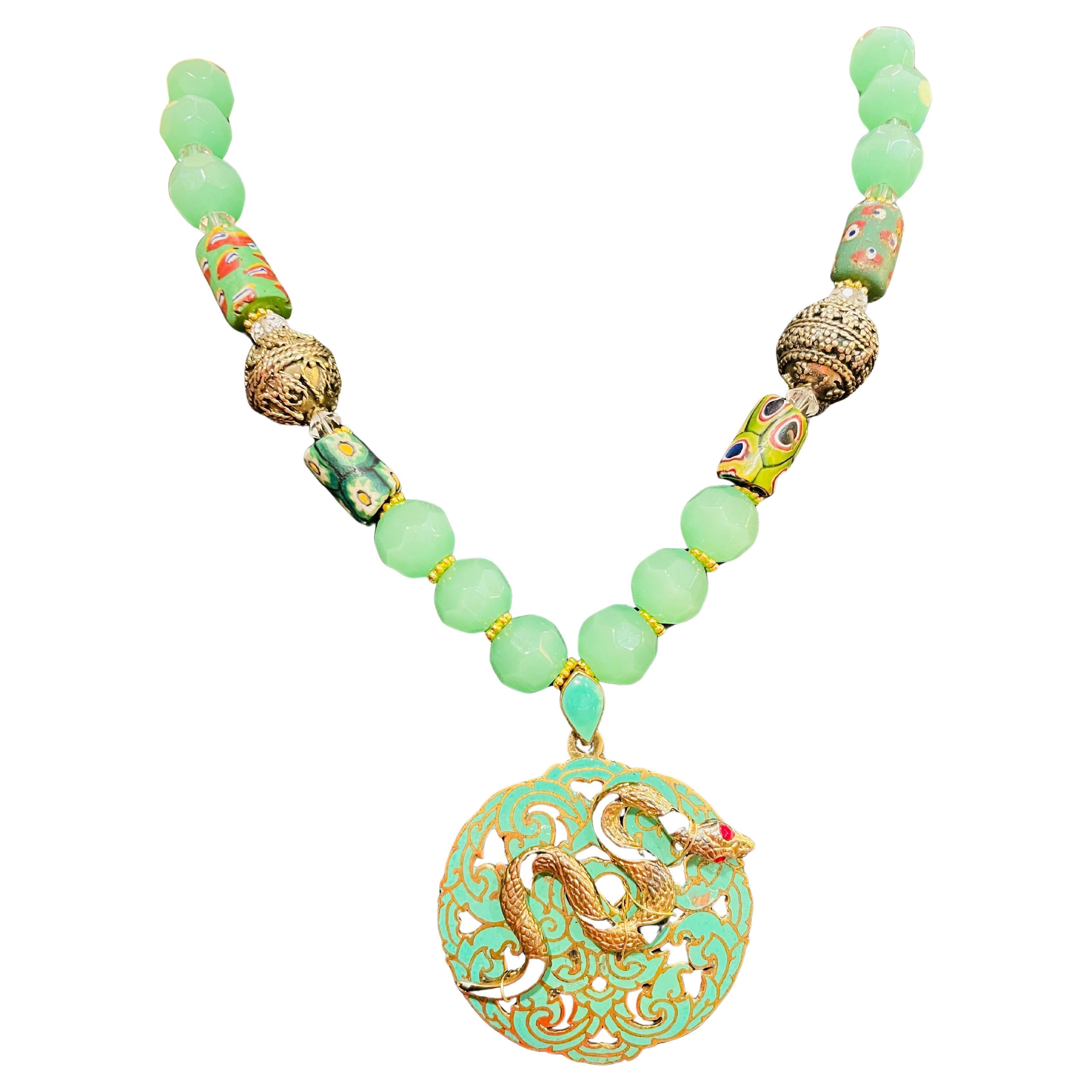 LB offers 60’s Enamel Brass snake earring Peking glass Venetian glass Necklace For Sale