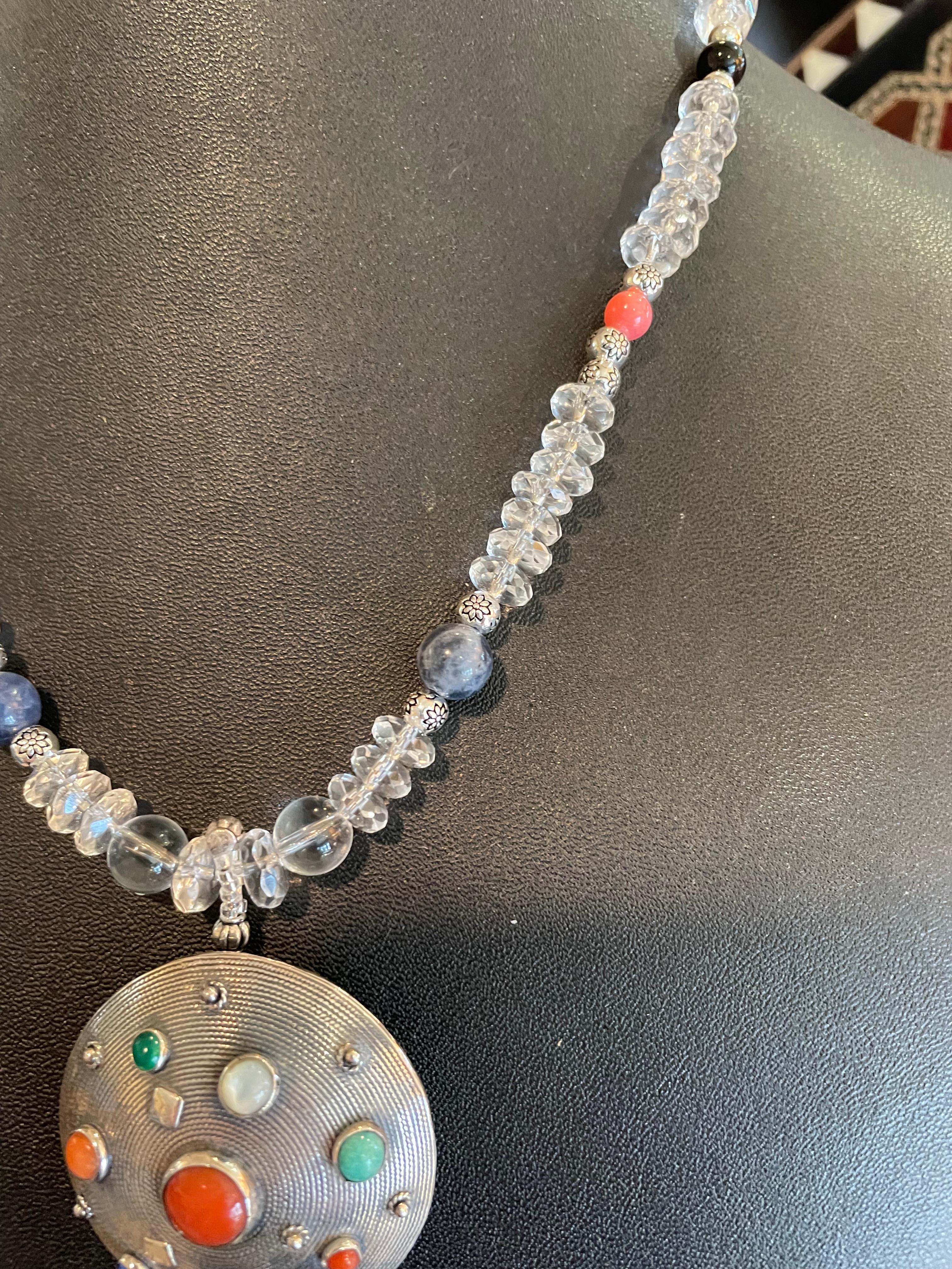 Art Deco LB offers 70’s Sterling Silver Modern Gem encrusted pendant crystal necklace For Sale