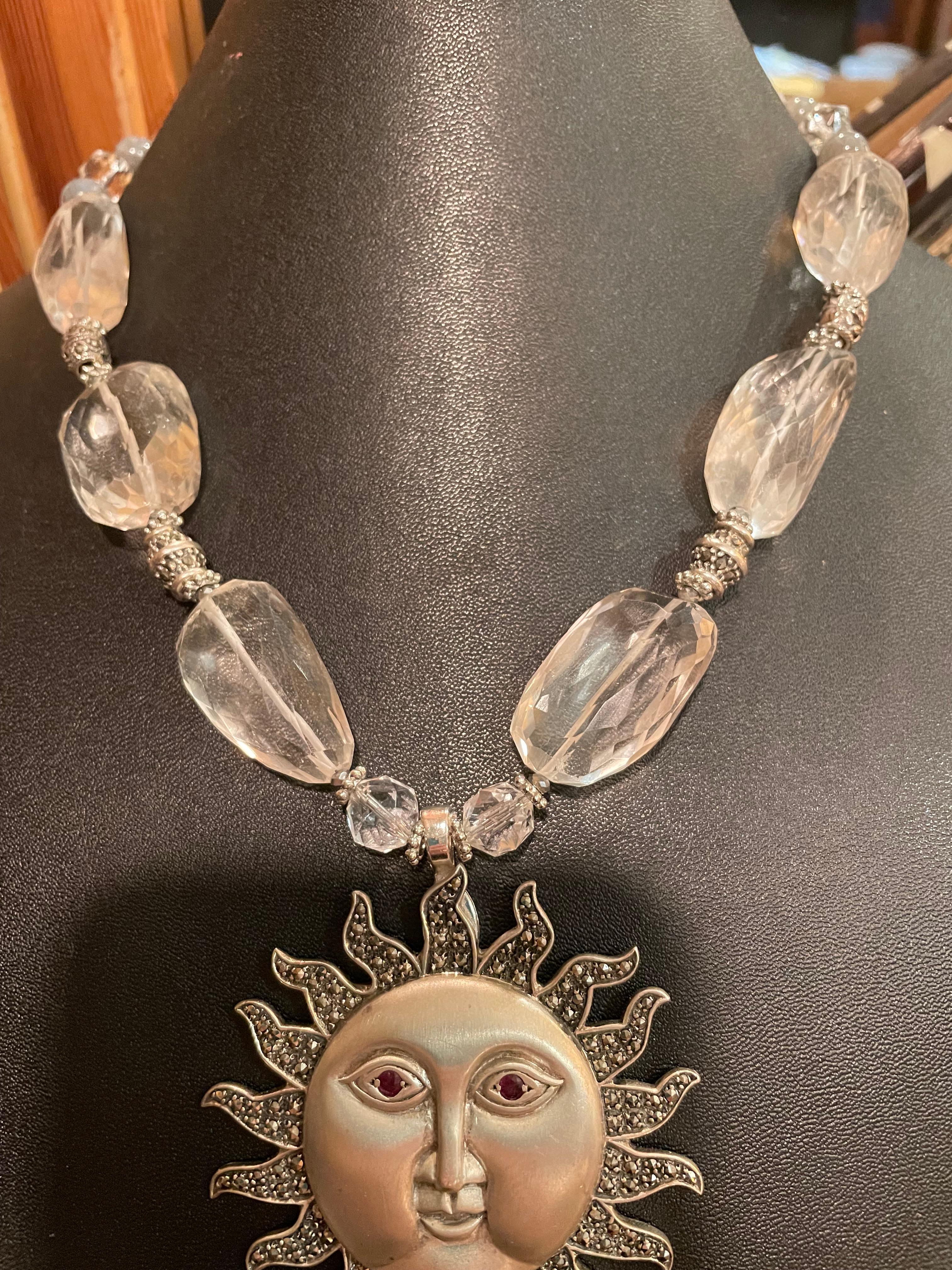 Artisan LB offers a mid 20th c. Sterling Marcasite Sun brooch pendant crystal necklace For Sale