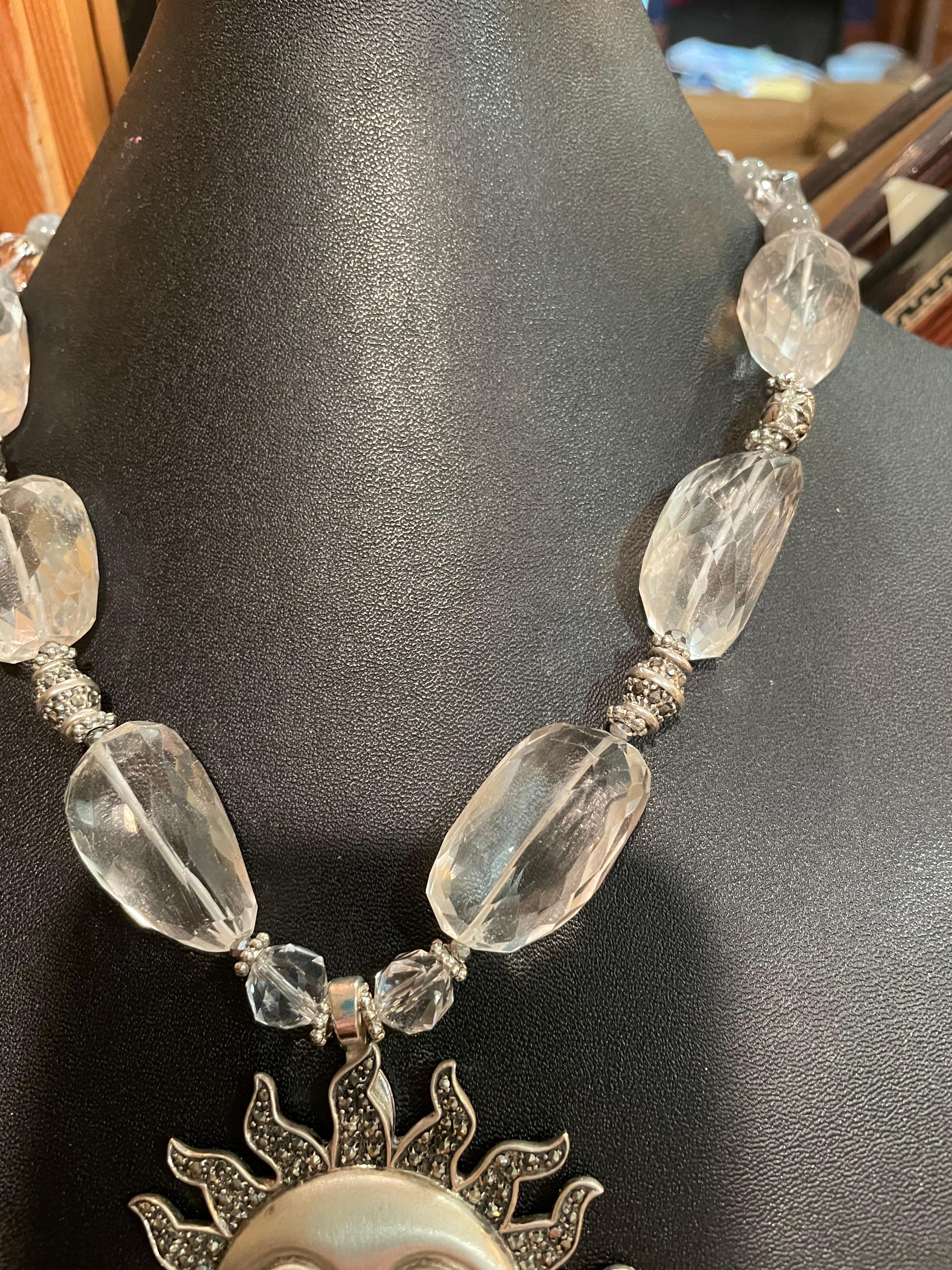 LB offers a mid 20th c. Sterling Marcasite Sun brooch pendant crystal necklace In Good Condition For Sale In Pittsburgh, PA