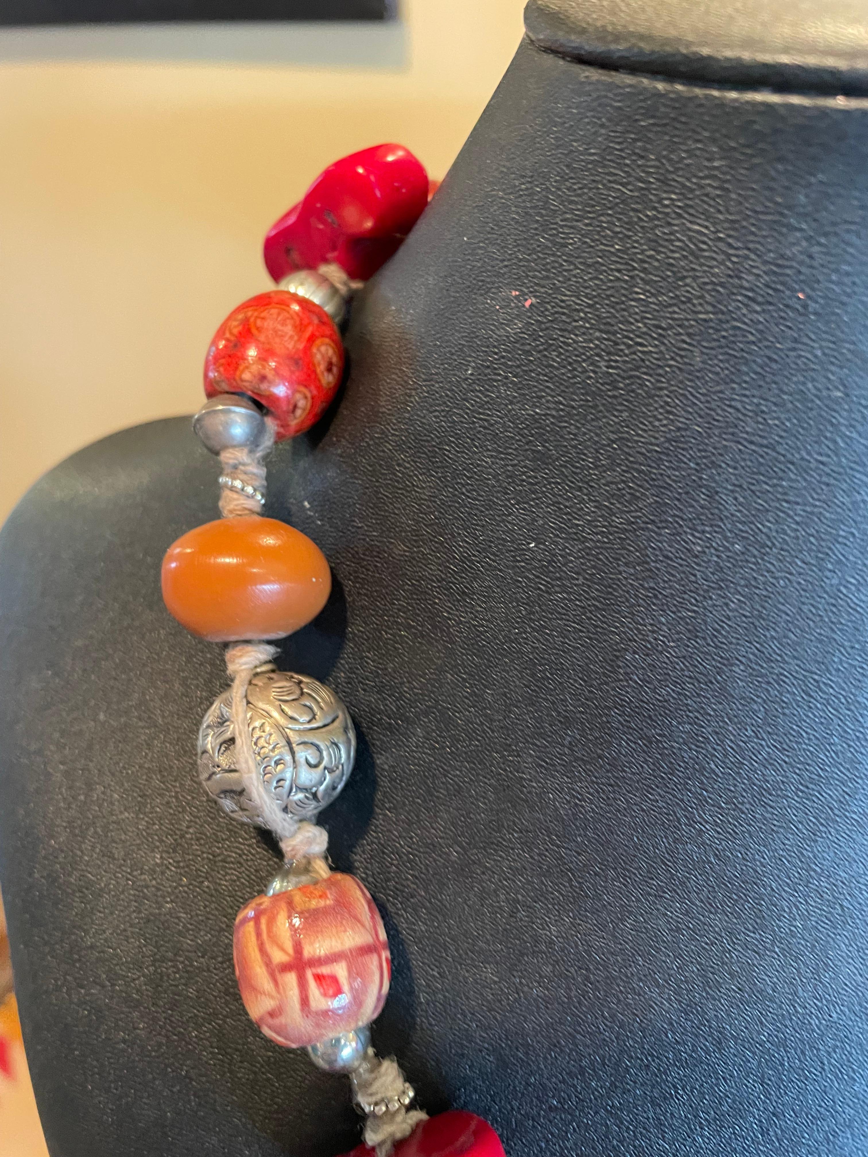 Women's or Men's LB offers a tribal amber, coral, Tibetan silver, resin, and wood necklace For Sale