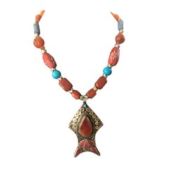 LB offre Pendentif Cornaline Afghane Turquoise Céramique Cornaline sculptée Collier de Cornaline