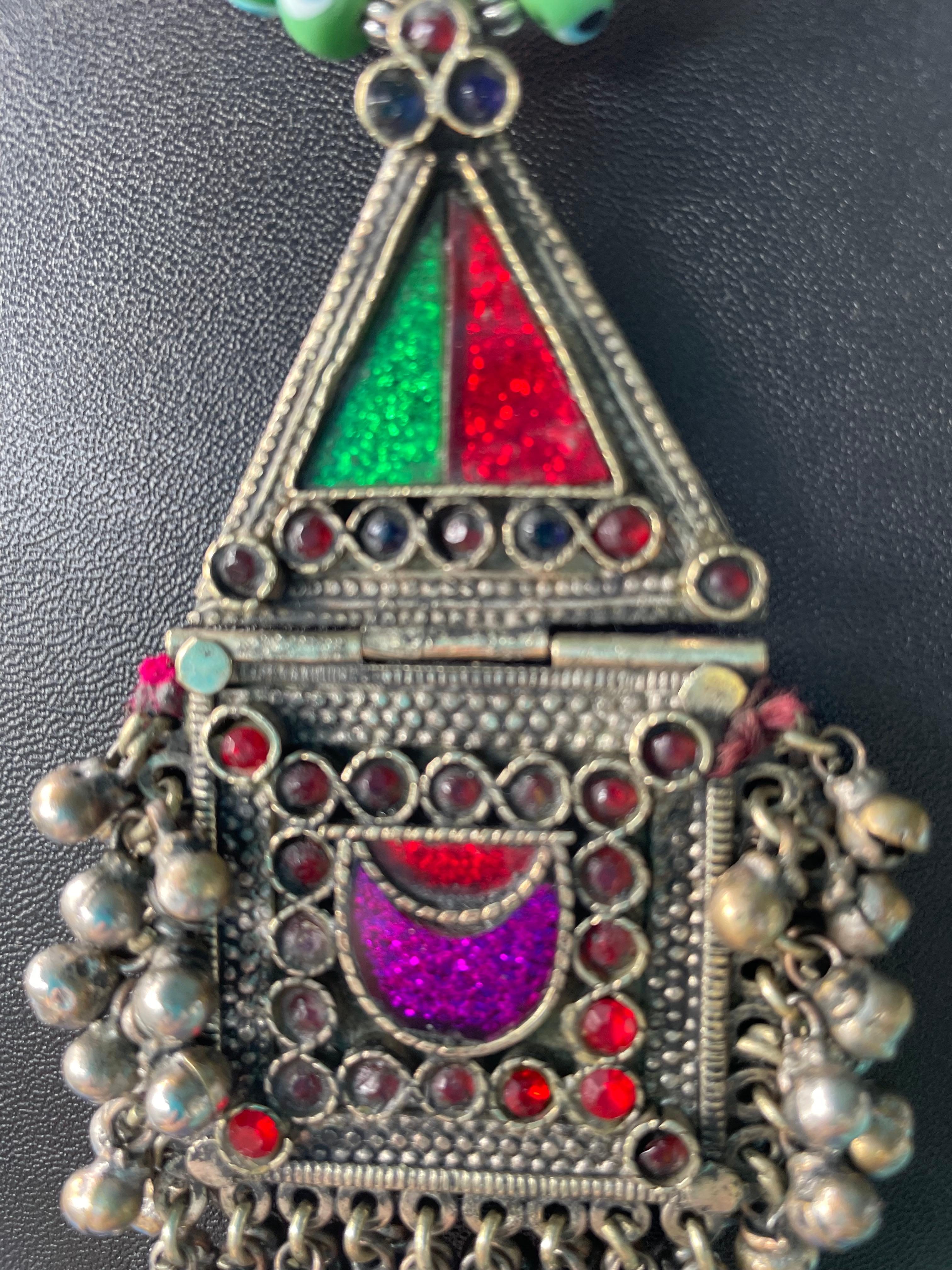 Art Deco LB offers Afghani Vintage Enamel Chains Pendant Venetian Resin Glass SS Necklace For Sale