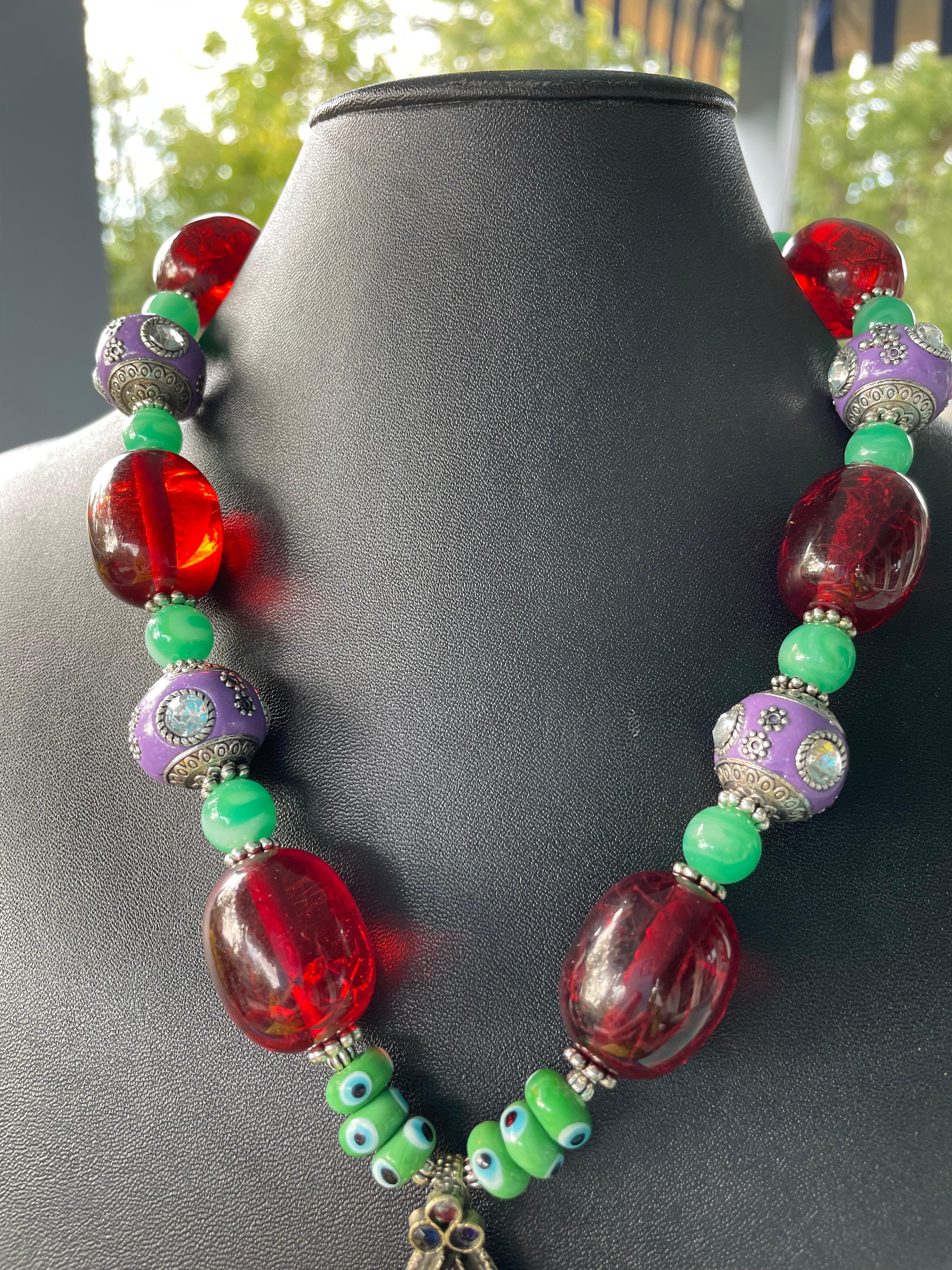 Women's or Men's LB offers Afghani Vintage Enamel Chains Pendant Venetian Resin Glass SS Necklace For Sale