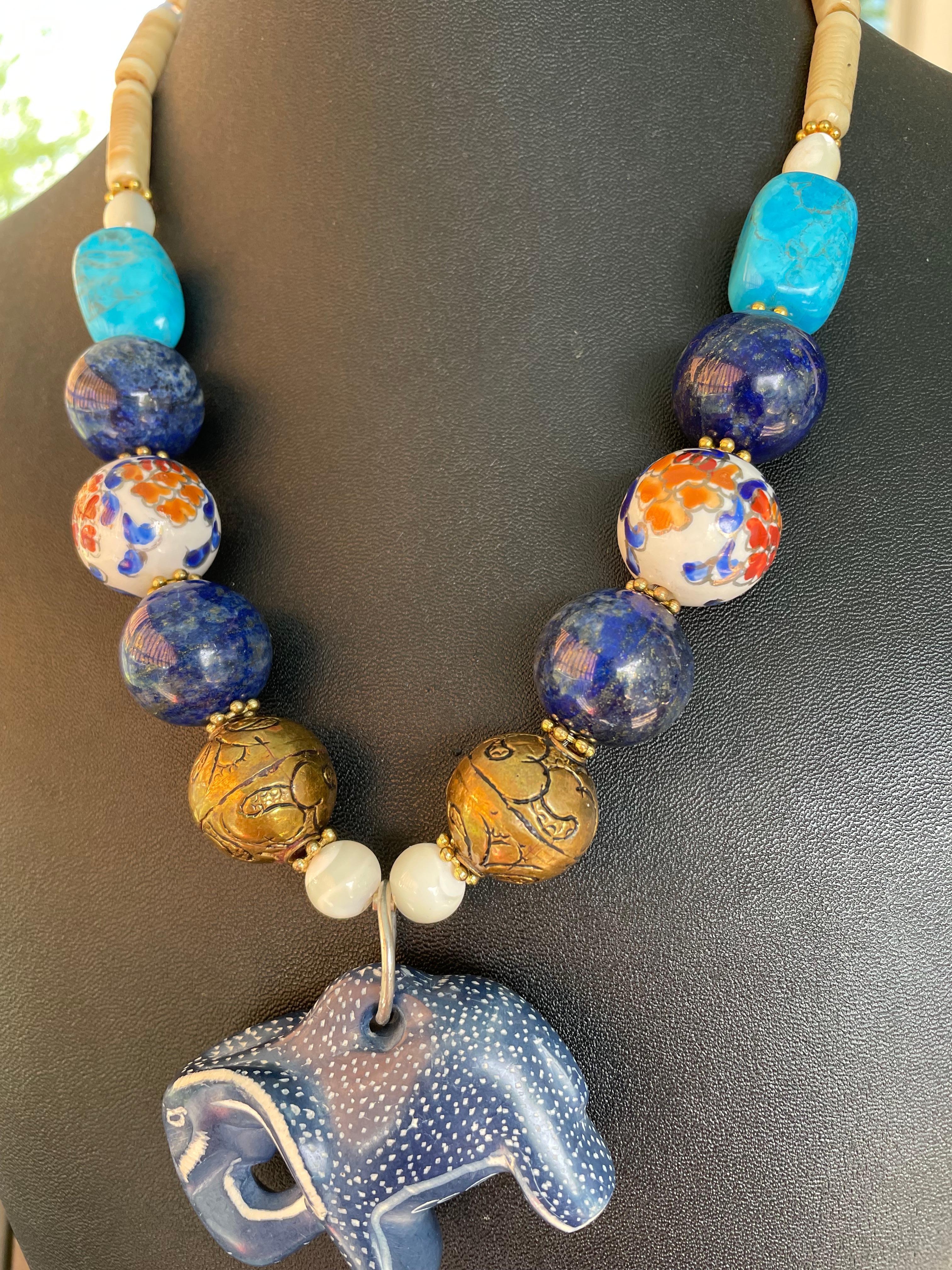LB ofrece Piedra Africana Elefante Latón Tibetano Lapislázuli Hueso MOP Collar Imari Artesano en venta